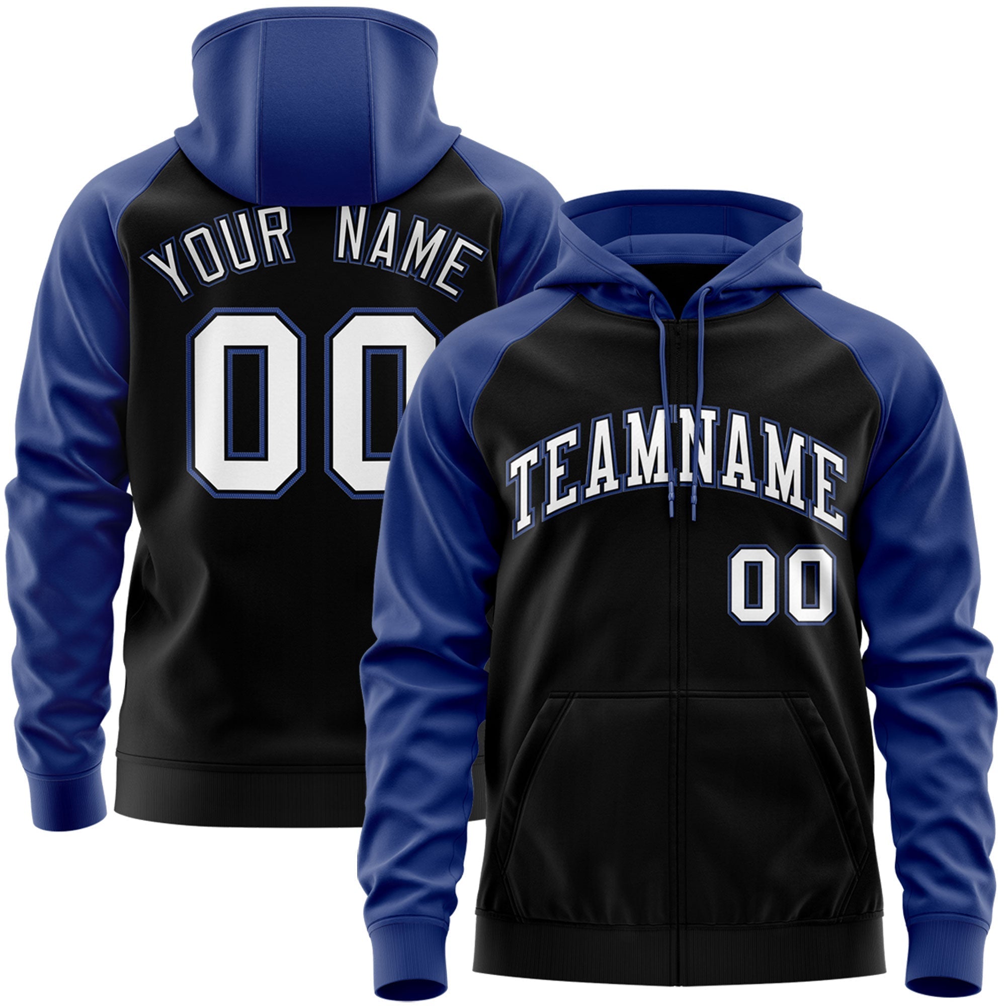 Custom Stitched Black White-Royal Raglan Sleeves Sports Full-Zip Sweatshirt Hoodie| KXKSHOP