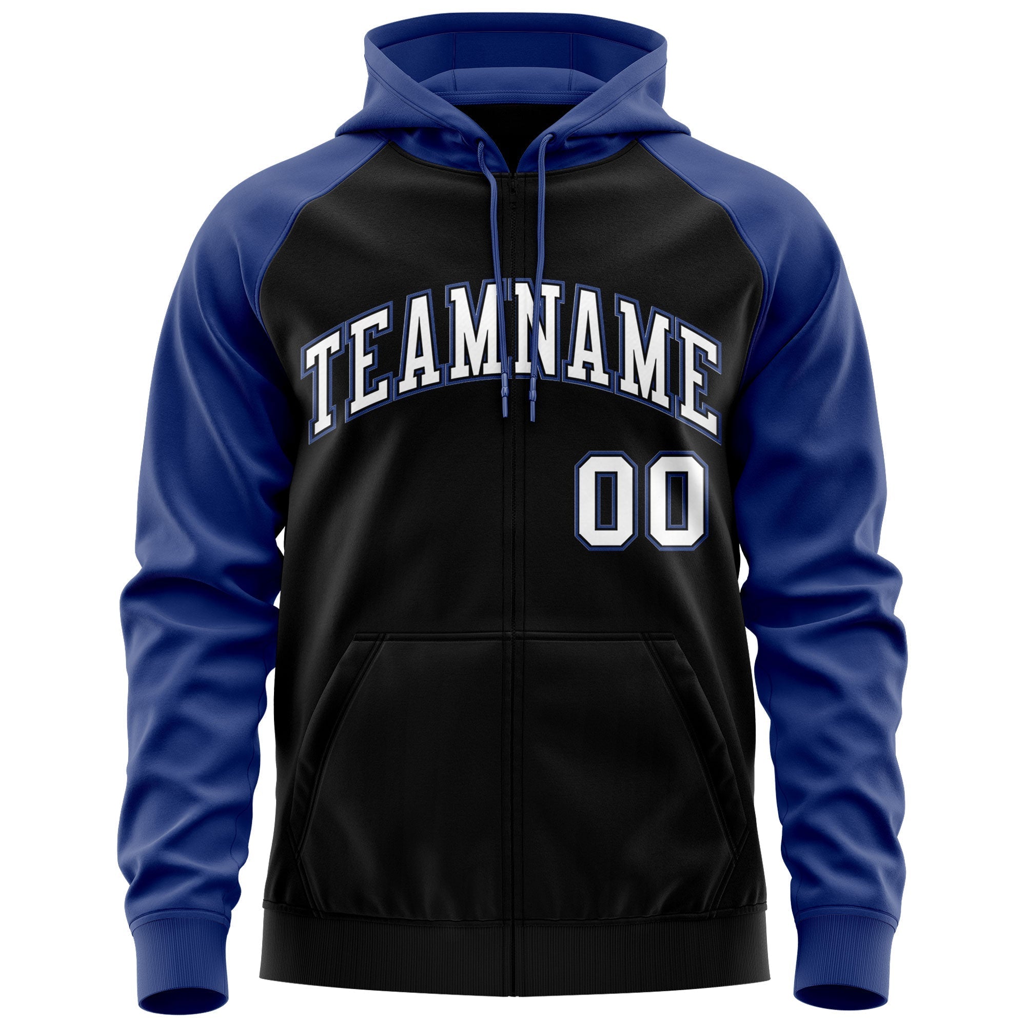Custom Stitched Black White-Royal Raglan Sleeves Sports Full-Zip Sweatshirt Hoodie| KXKSHOP
