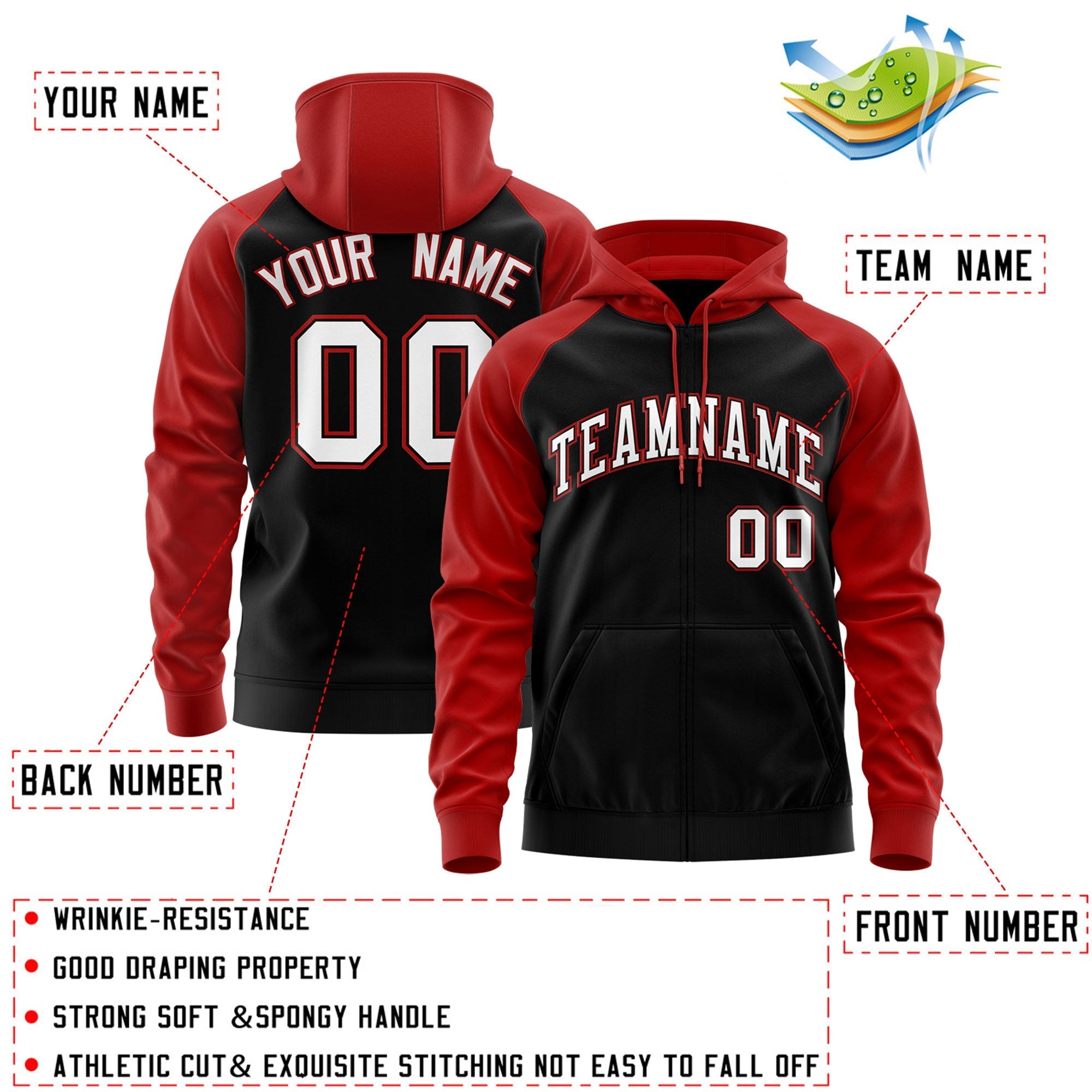 Custom Stitched Black White-Red Raglan Sleeves Sports Full-Zip Sweatshirt Hoodie| KXKSHOP