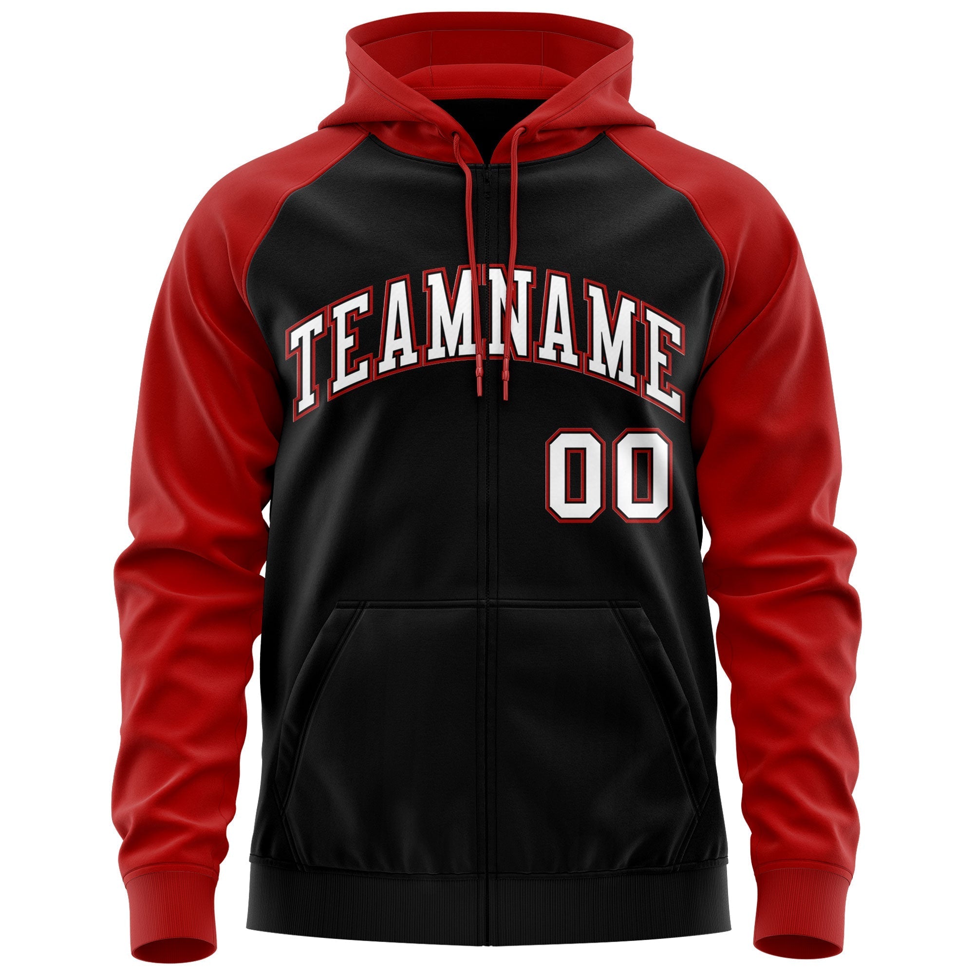 Custom Stitched Black White-Red Raglan Sleeves Sports Full-Zip Sweatshirt Hoodie| KXKSHOP