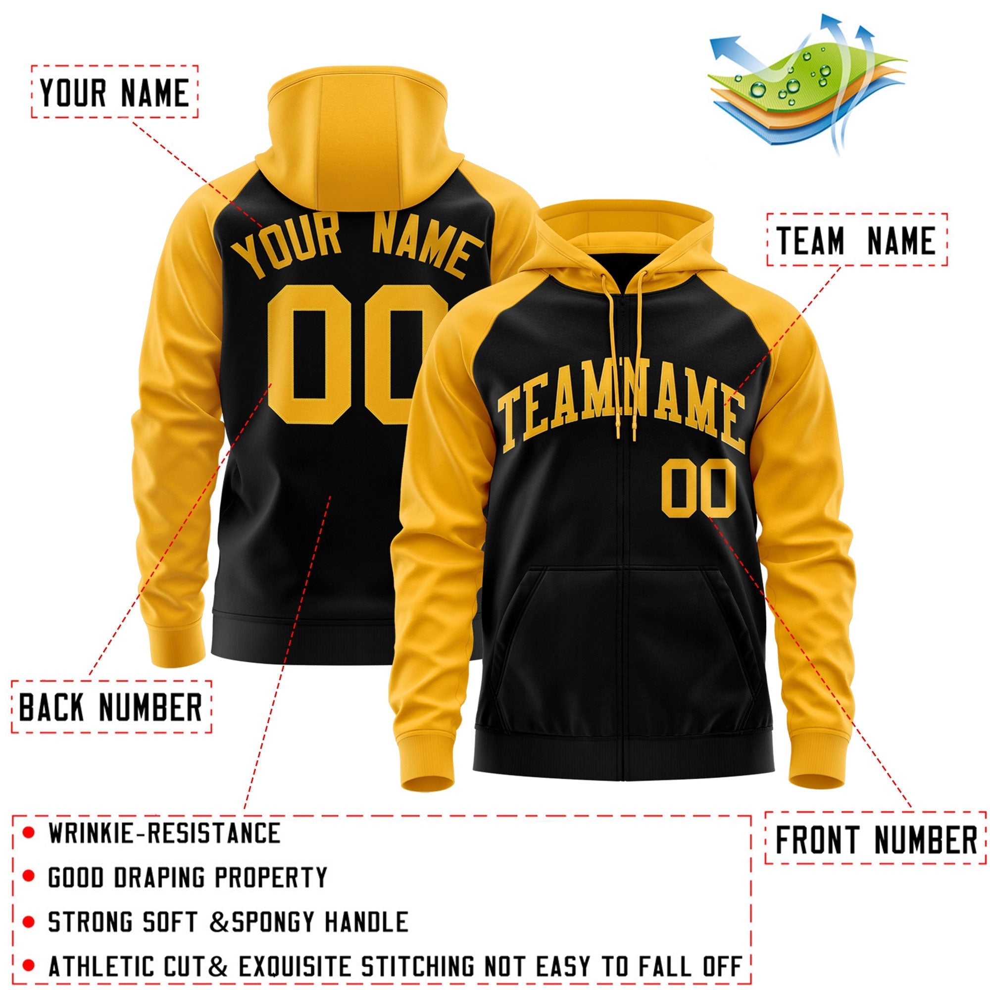 Custom Stitched Black Gold Raglan Sleeves Sports Full-Zip Sweatshirt Hoodie| KXKSHOP