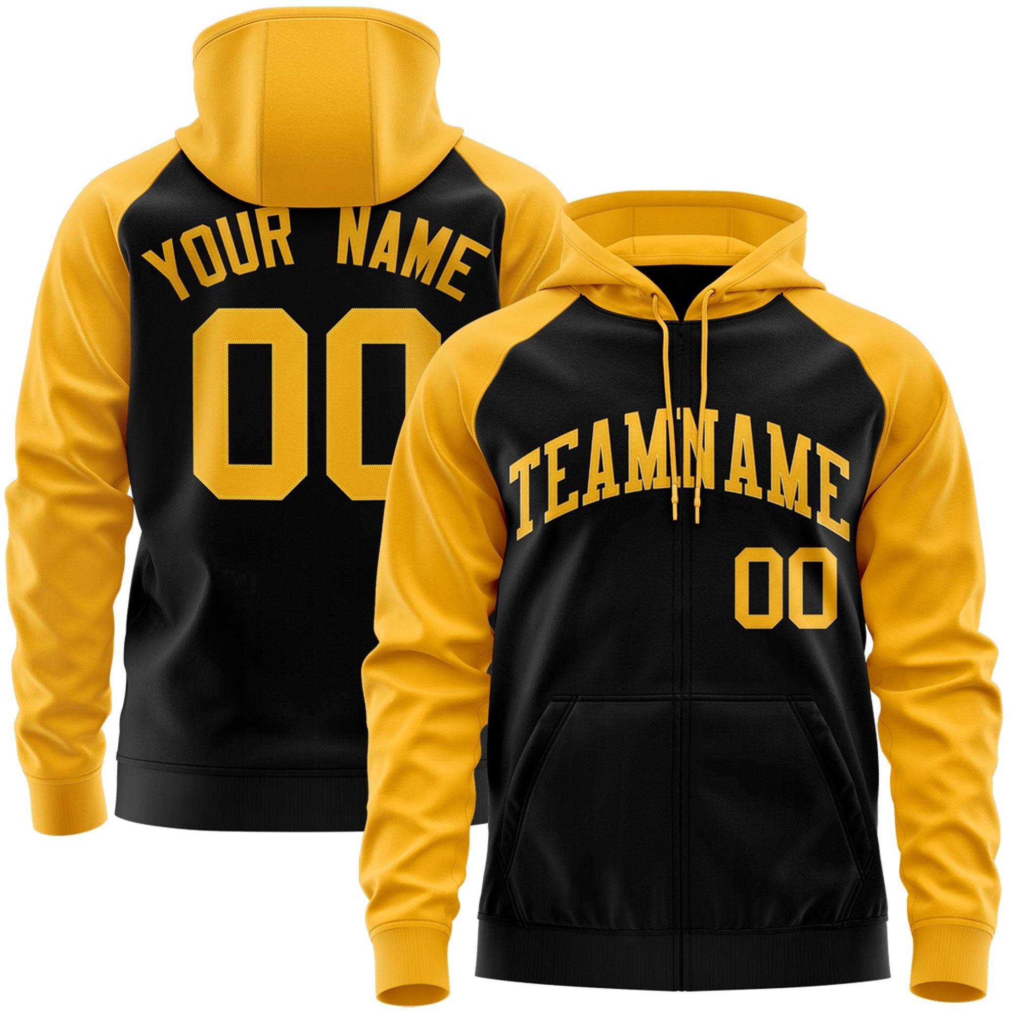 Custom Stitched Black Gold Raglan Sleeves Sports Full-Zip Sweatshirt Hoodie| KXKSHOP