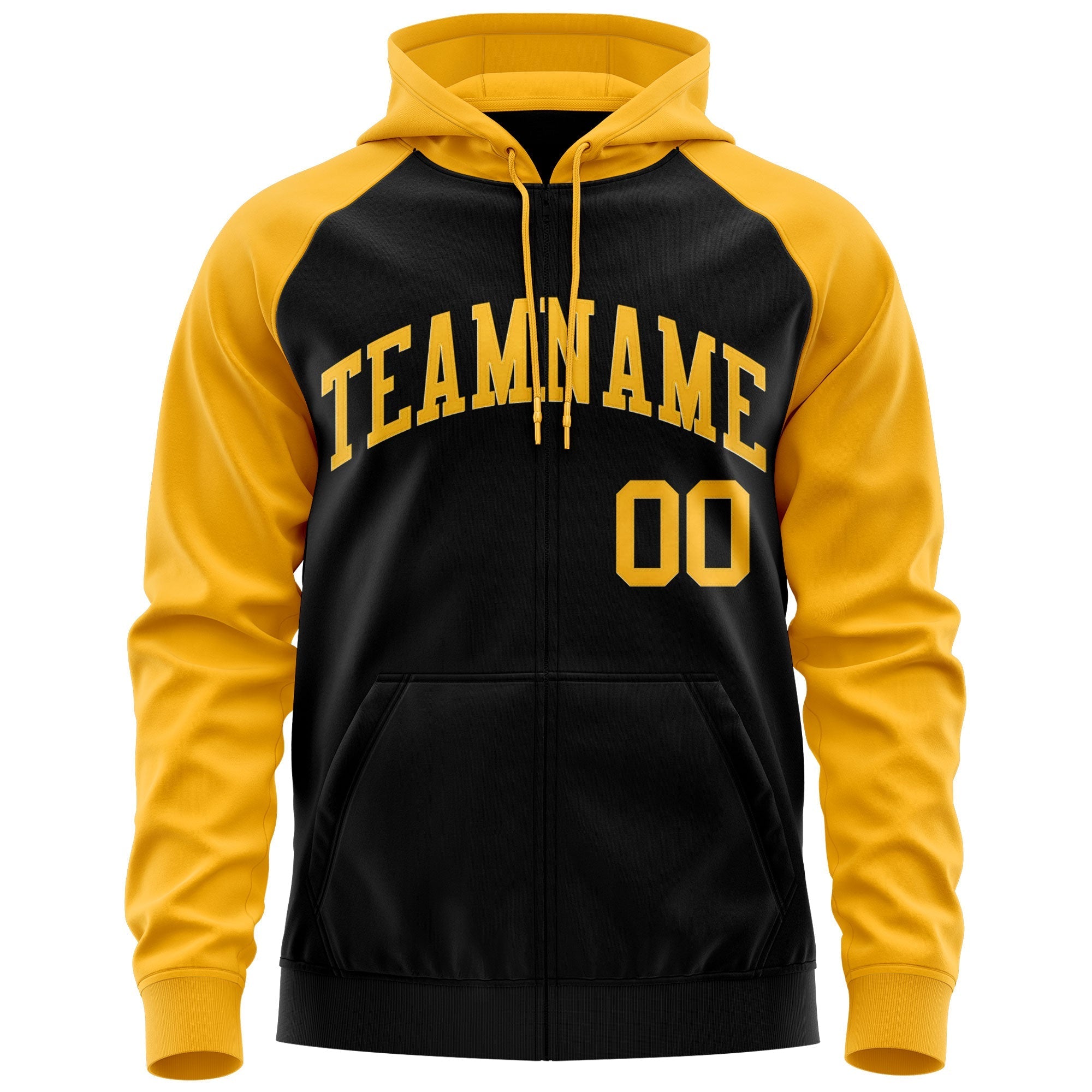 Custom Stitched Black Gold Raglan Sleeves Sports Full-Zip Sweatshirt Hoodie| KXKSHOP
