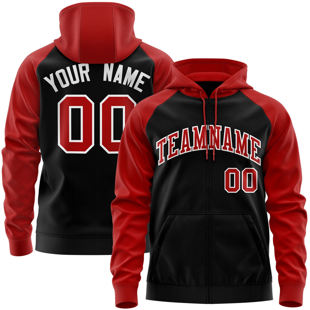 Custom Stitched Black Red-White Raglan Sleeves Sports Full-Zip Sweatshirt Hoodie| KXKSHOP