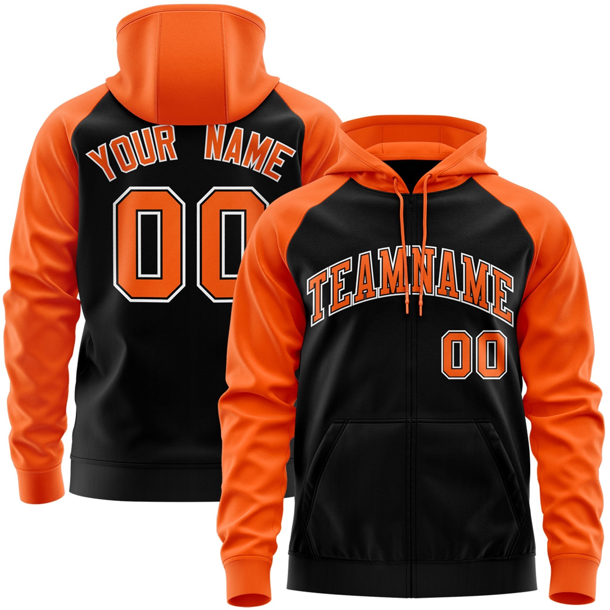 Custom Stitched Black Orange-White Raglan Sleeves Sports Full-Zip Sweatshirt Hoodie| KXKSHOP