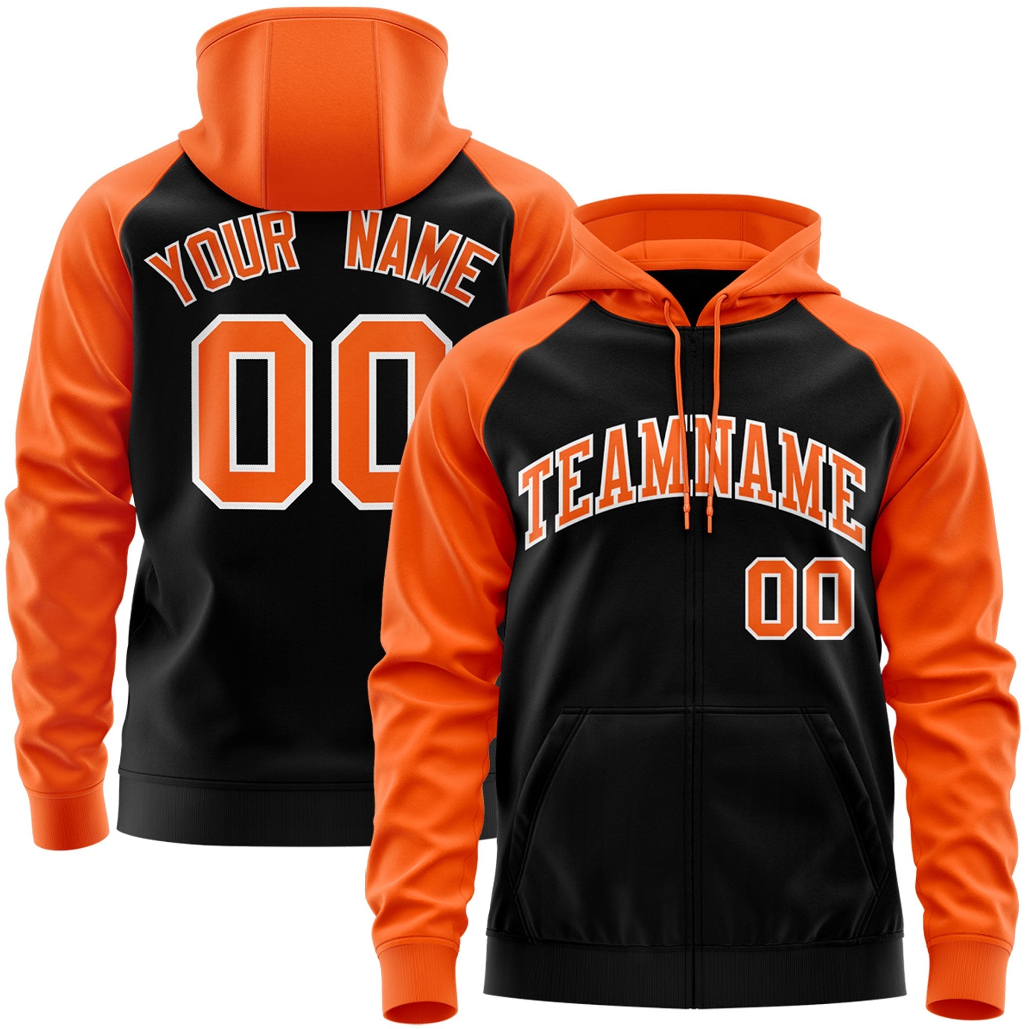 Custom Stitched Black Orange-White Raglan Sleeves Sports Full-Zip Sweatshirt Hoodie| KXKSHOP