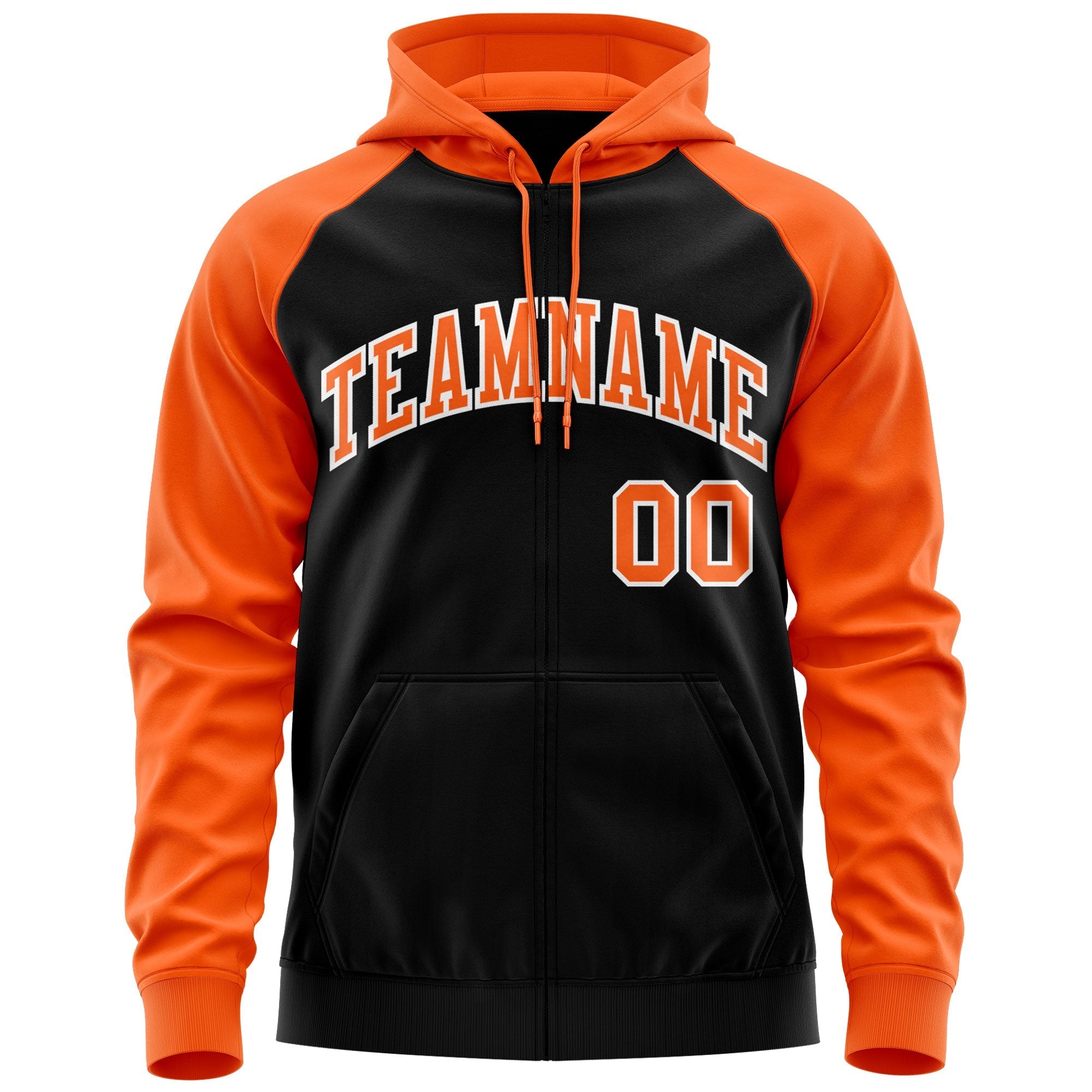 Custom Stitched Black Orange-White Raglan Sleeves Sports Full-Zip Sweatshirt Hoodie| KXKSHOP