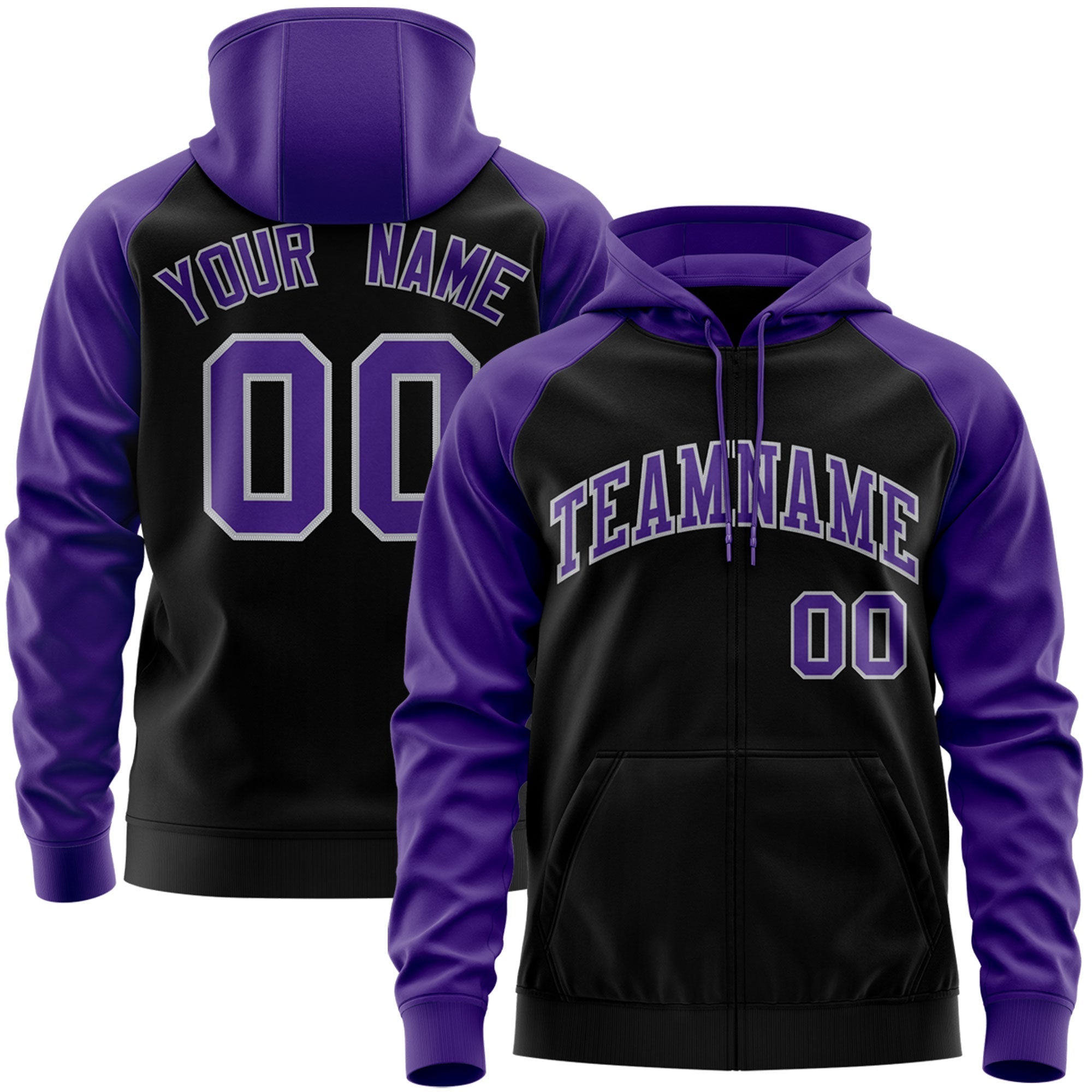 Custom Stitched Black Purple-Gray Raglan Sleeves Sports Full-Zip Sweatshirt Hoodie| KXKSHOP