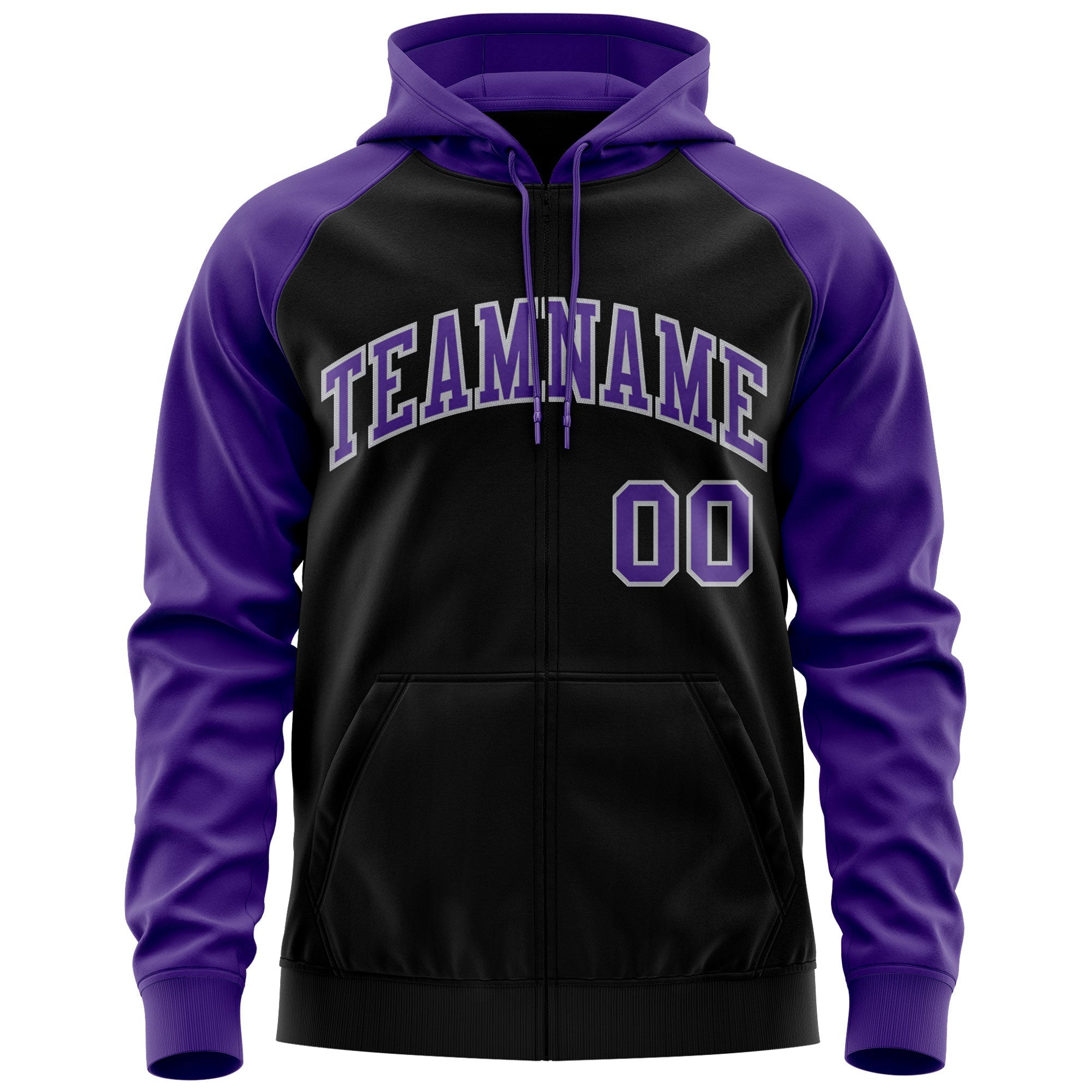 Custom Stitched Black Purple-Gray Raglan Sleeves Sports Full-Zip Sweatshirt Hoodie| KXKSHOP