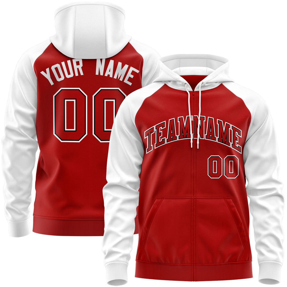 Custom Stitched Red Black-White Raglan Sleeves Sports Full-Zip Sweatshirt Hoodie| KXKSHOP
