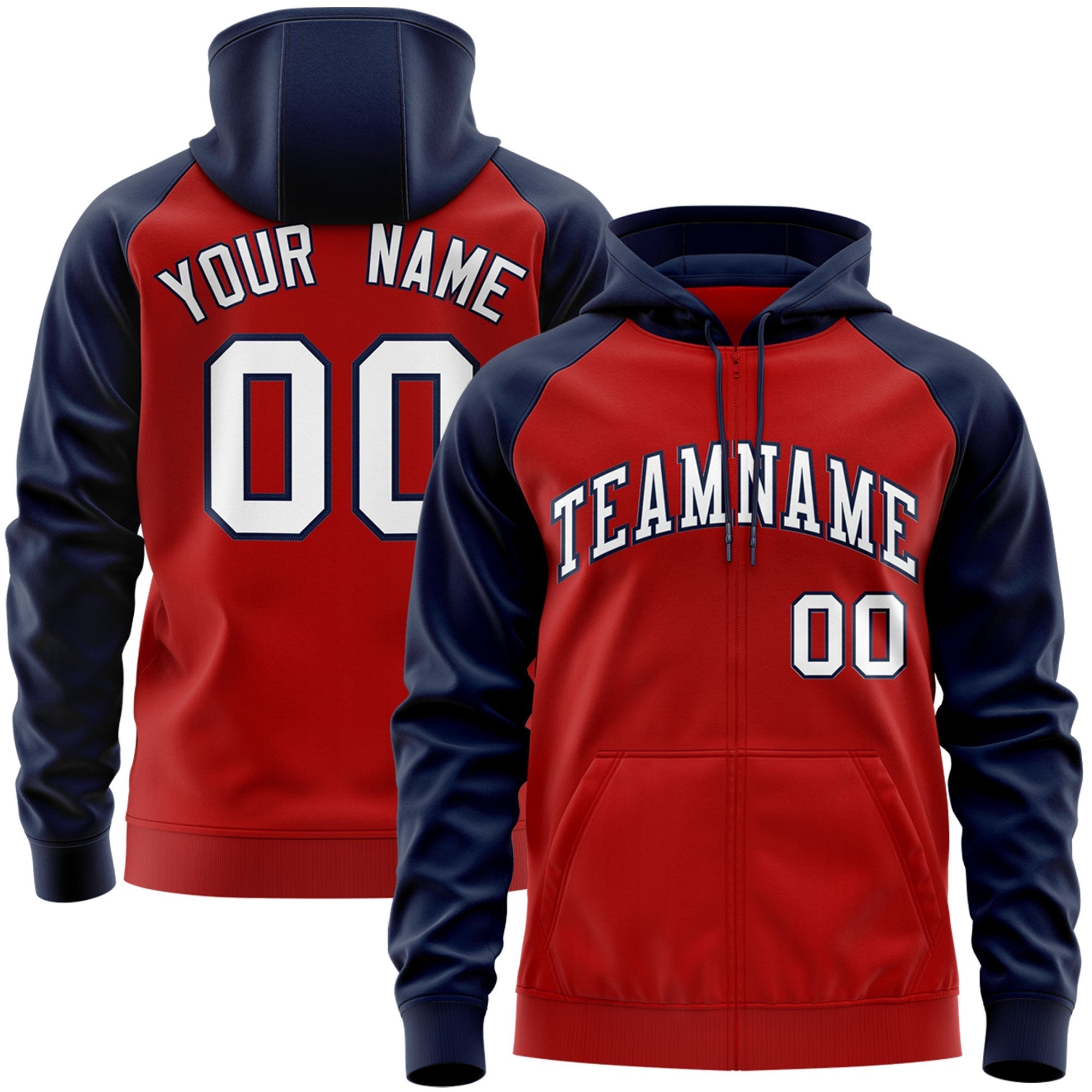 Custom Stitched Red White-Navy Raglan Sleeves Sports Full-Zip Sweatshirt Hoodie| KXKSHOP