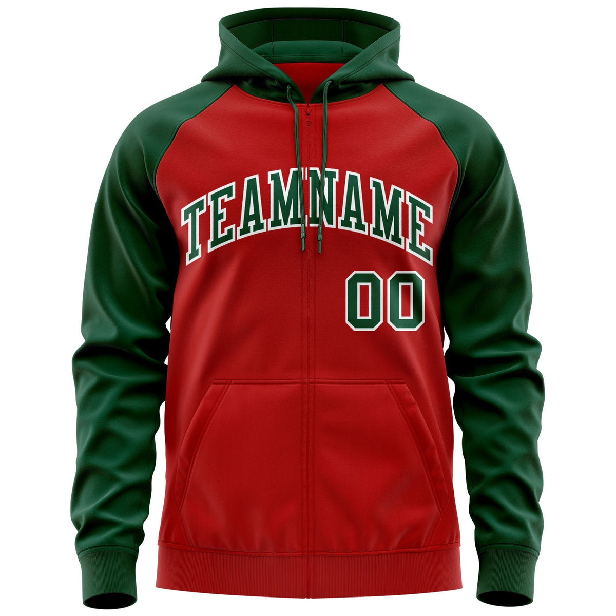 Custom Stitched Red Green-White Raglan Sleeves Sports Full-Zip Sweatshirt Hoodie| KXKSHOP