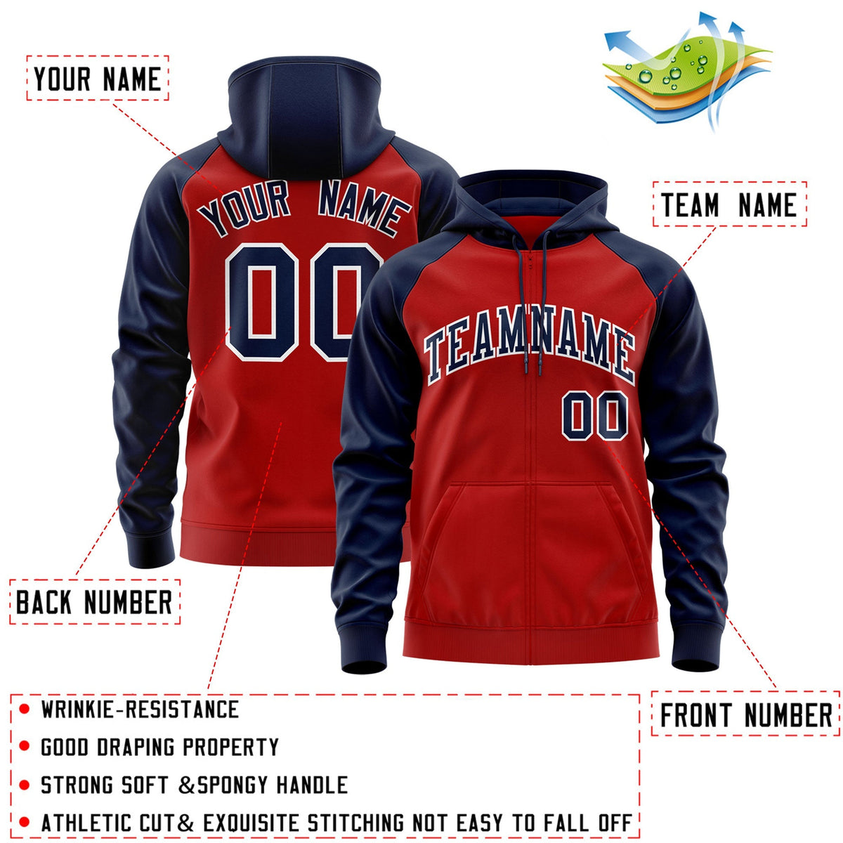 Custom Stitched Red Navy-White Raglan Sleeves Sports Full-Zip Sweatshirt Hoodie| KXKSHOP