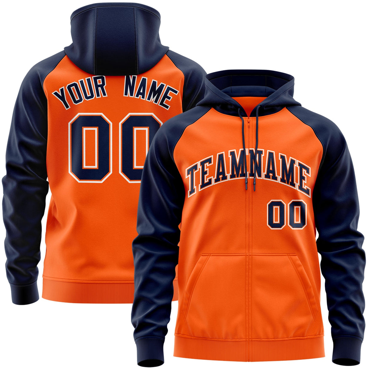 Custom Stitched Orange Navy-White Raglan Sleeves Sports Full-Zip Sweatshirt Hoodie| KXKSHOP