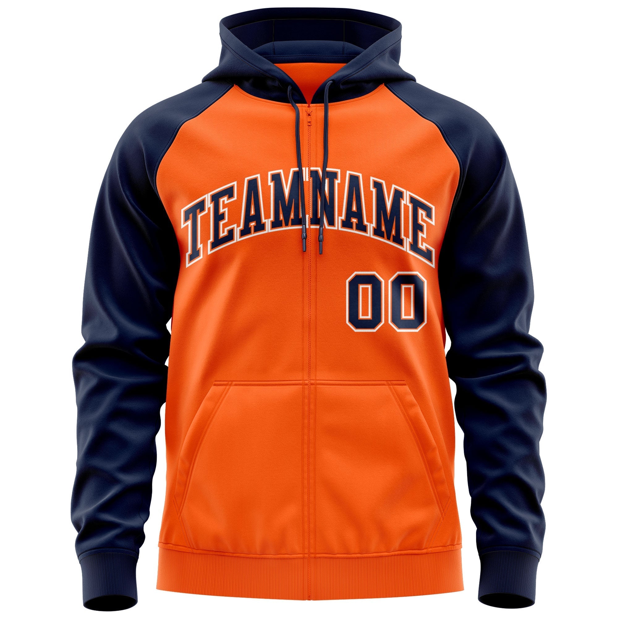 Custom Stitched Orange Navy-White Raglan Sleeves Sports Full-Zip Sweatshirt Hoodie| KXKSHOP