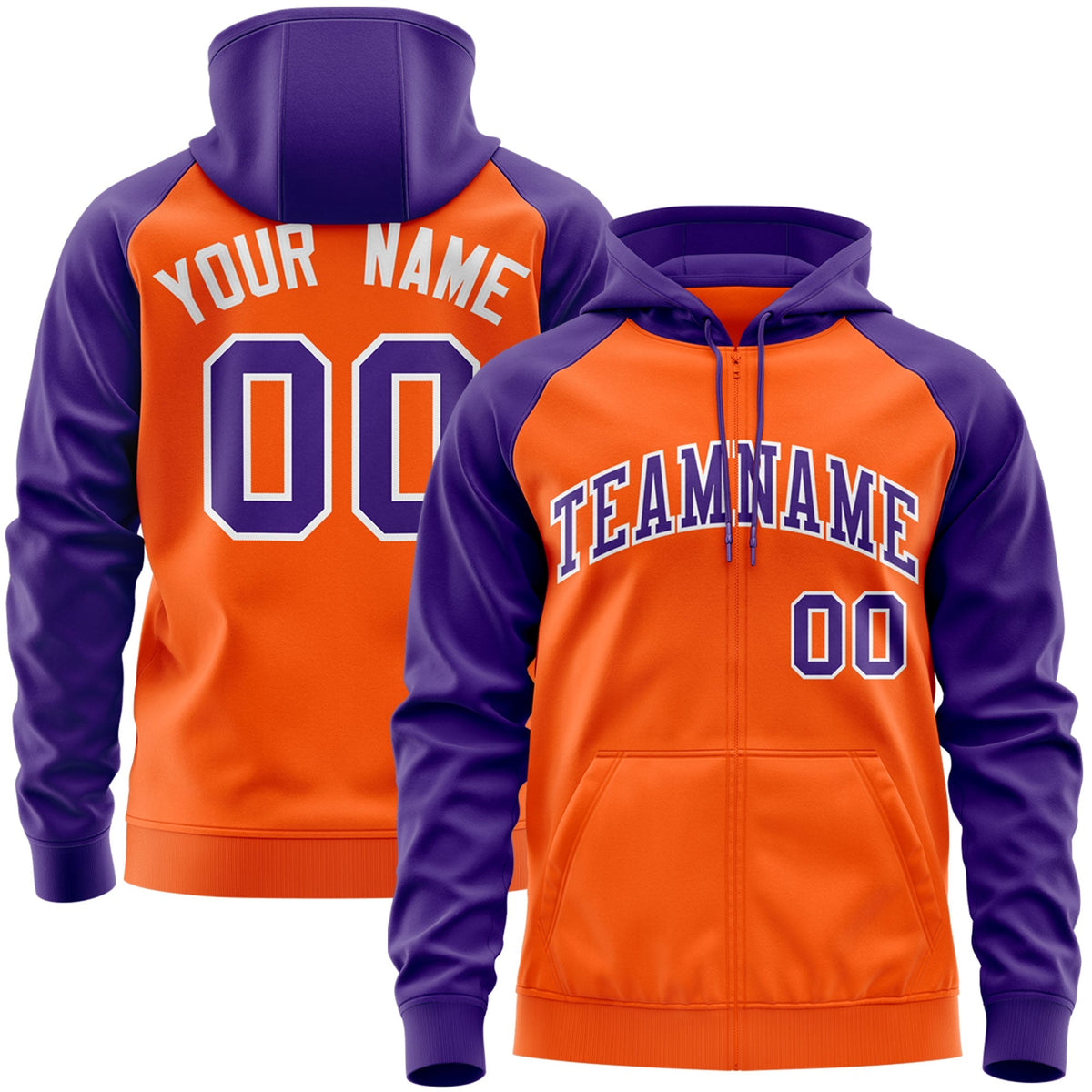 Custom Stitched Orange Purple-White Raglan Sleeves Sports Full-Zip Sweatshirt Hoodie| KXKSHOP