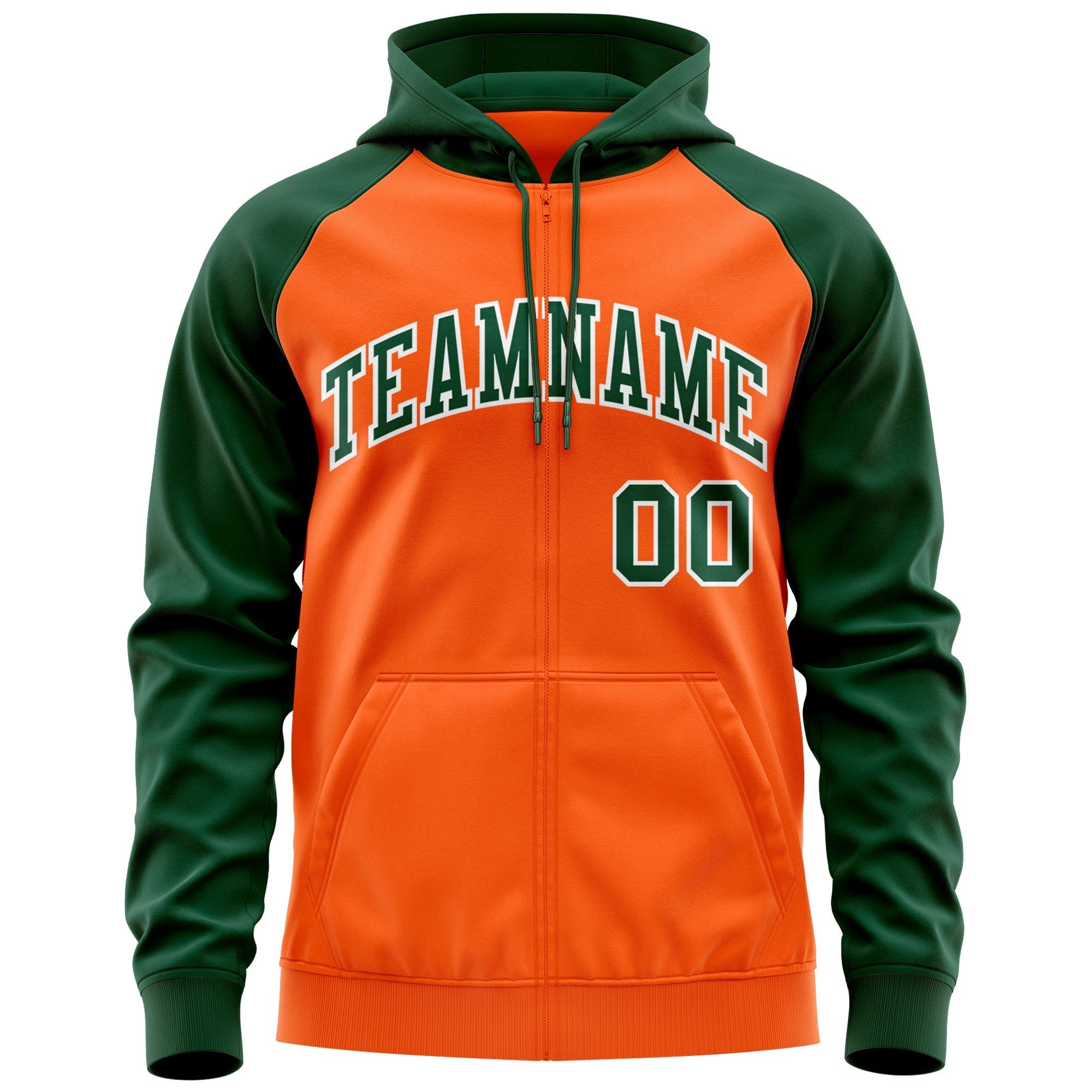 Custom Stitched Orange Green-White Raglan Sleeves Sports Full-Zip Sweatshirt Hoodie| KXKSHOP