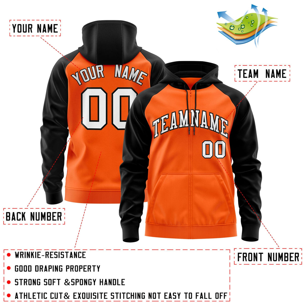 Custom Stitched Orange White-Black Raglan Sleeves Sports Full-Zip Sweatshirt Hoodie| KXKSHOP