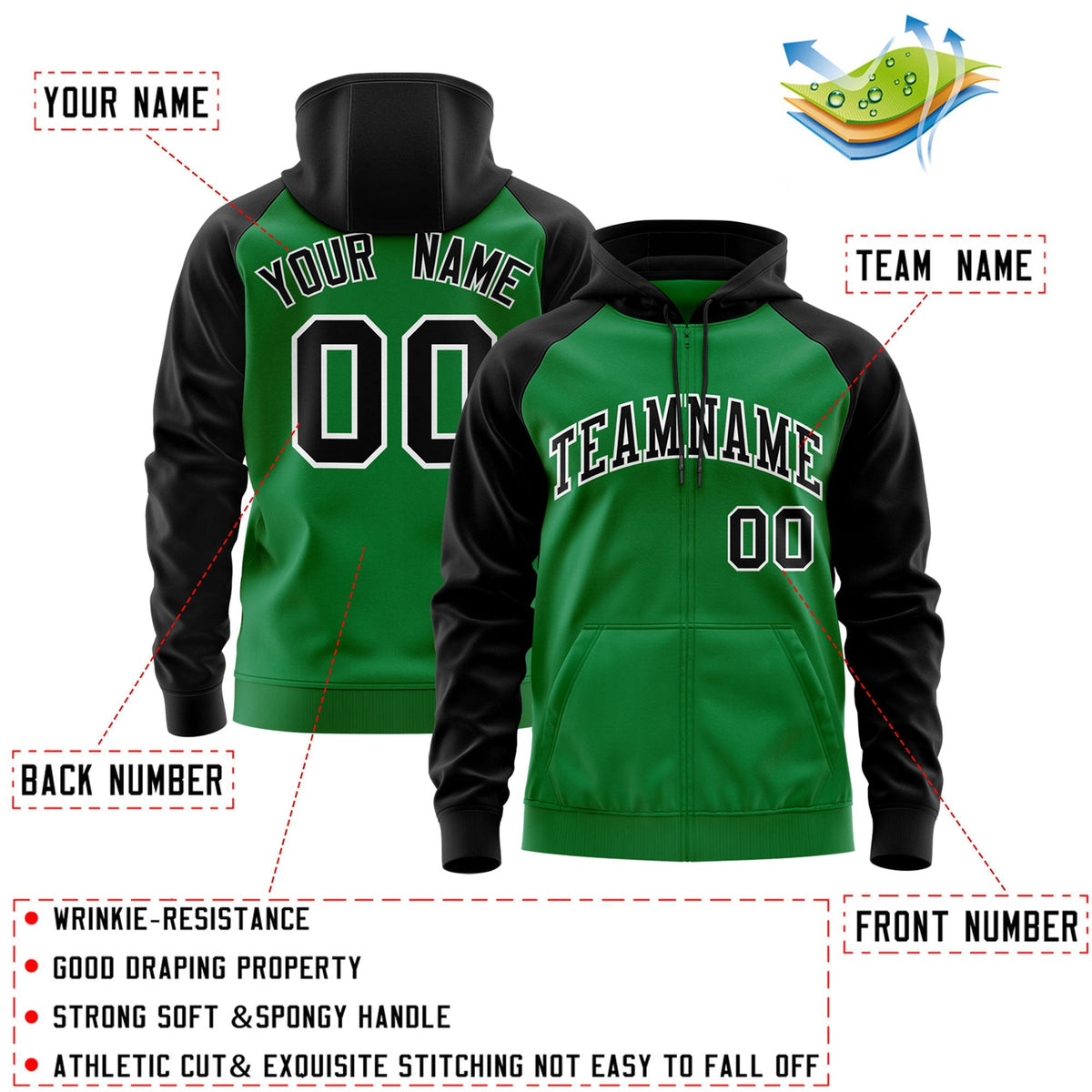 Custom Stitched Kelly Green Black-White Raglan Sleeves Sports Full-Zip Sweatshirt Hoodie| KXKSHOP