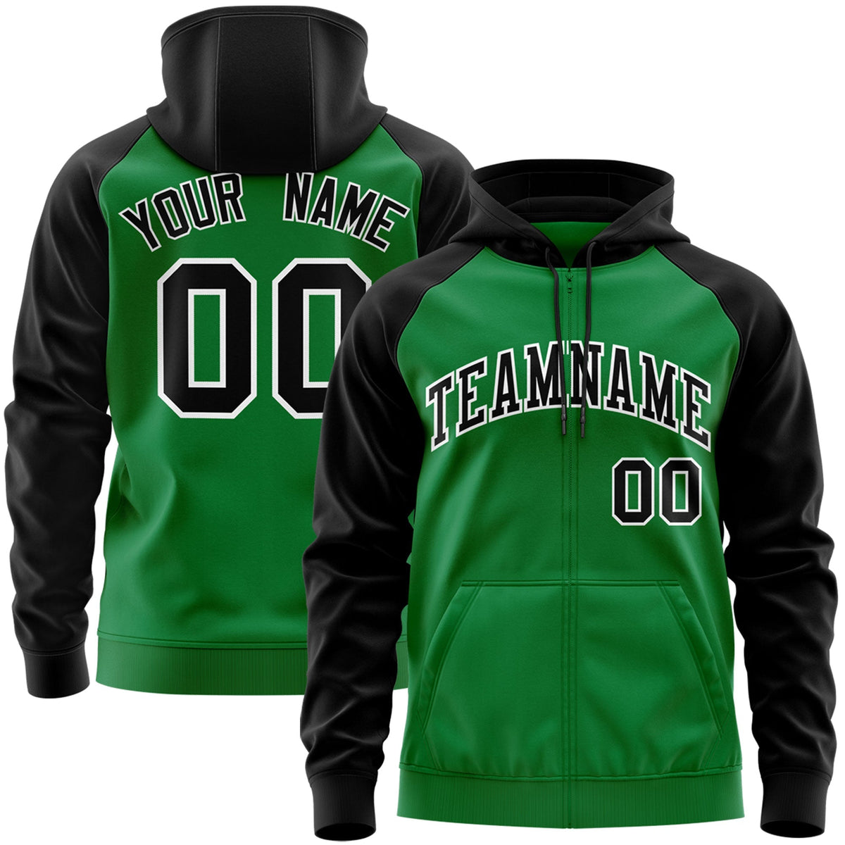 Custom Stitched Kelly Green Black-White Raglan Sleeves Sports Full-Zip Sweatshirt Hoodie| KXKSHOP