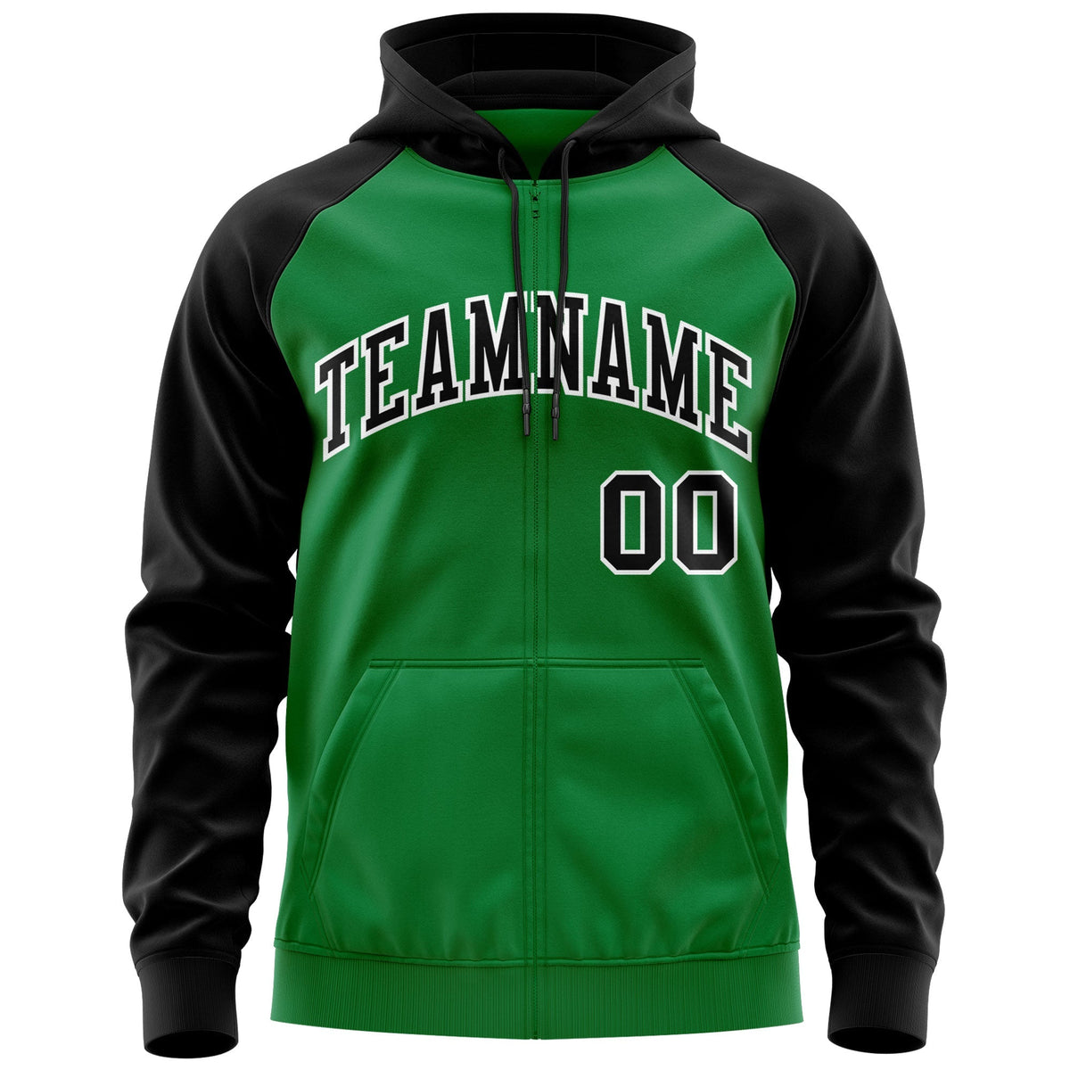 Custom Stitched Kelly Green Black-White Raglan Sleeves Sports Full-Zip Sweatshirt Hoodie| KXKSHOP