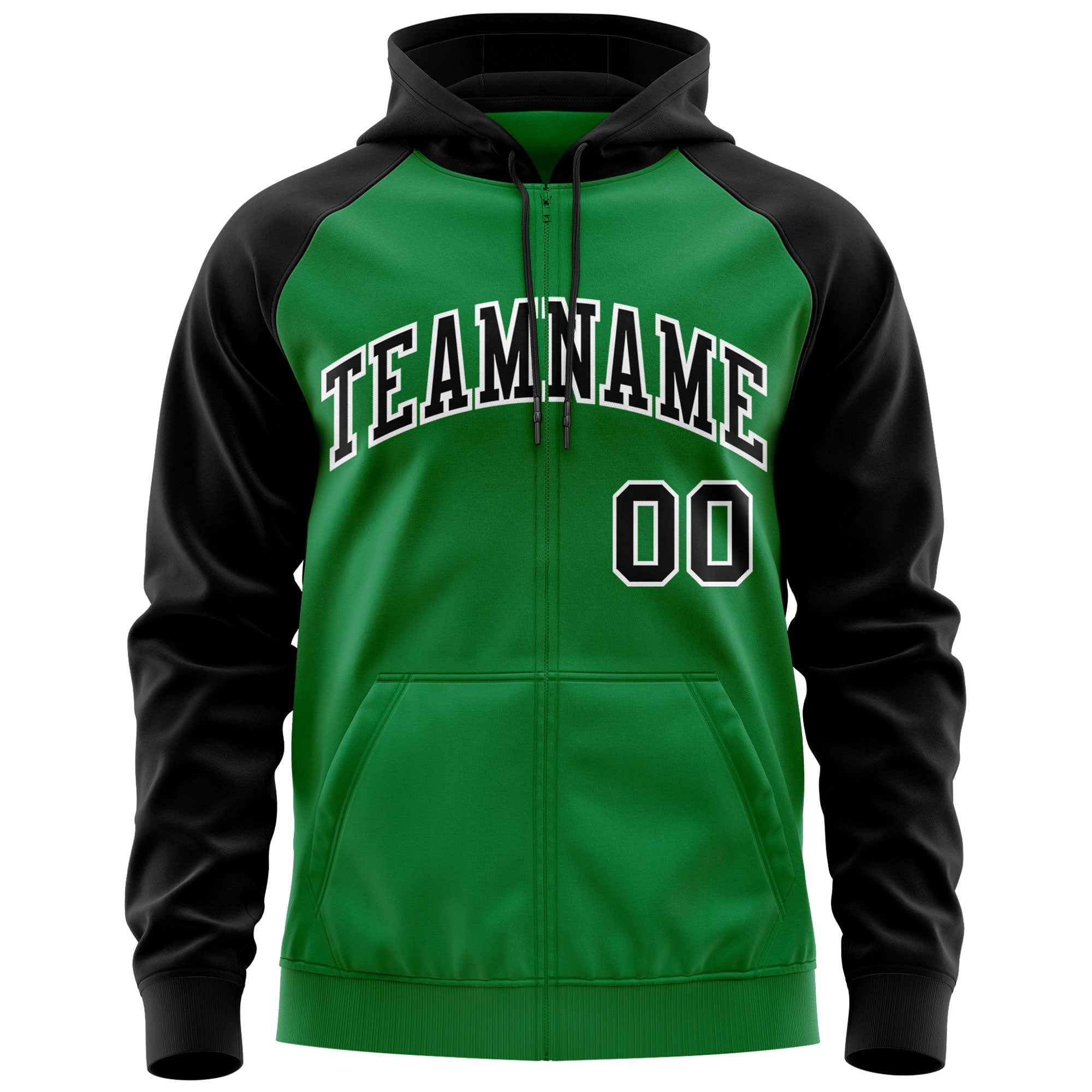 Custom Stitched Kelly Green Black-White Raglan Sleeves Sports Full-Zip Sweatshirt Hoodie| KXKSHOP