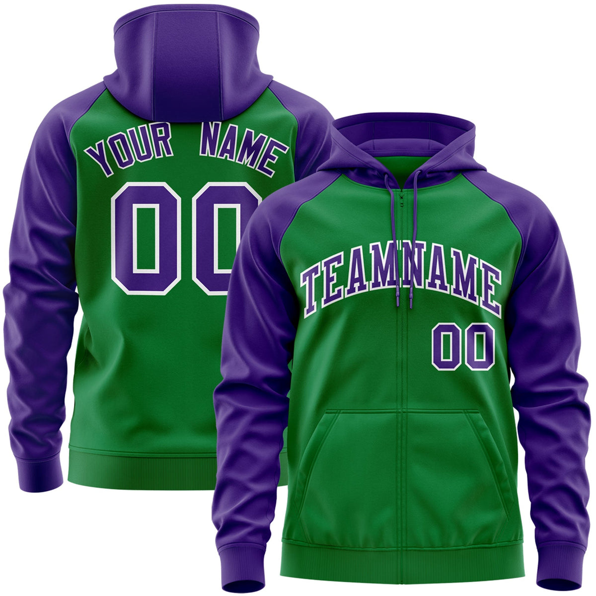 Custom Stitched Kelly Green Purple-White Raglan Sleeves Sports Full-Zip Sweatshirt Hoodie| KXKSHOP