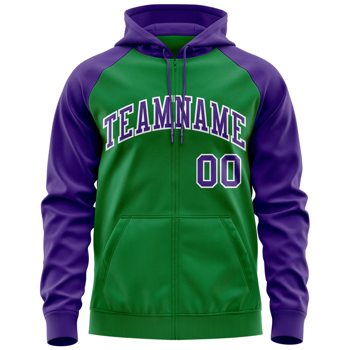 Custom Stitched Kelly Green Purple-White Raglan Sleeves Sports Full-Zip Sweatshirt Hoodie| KXKSHOP