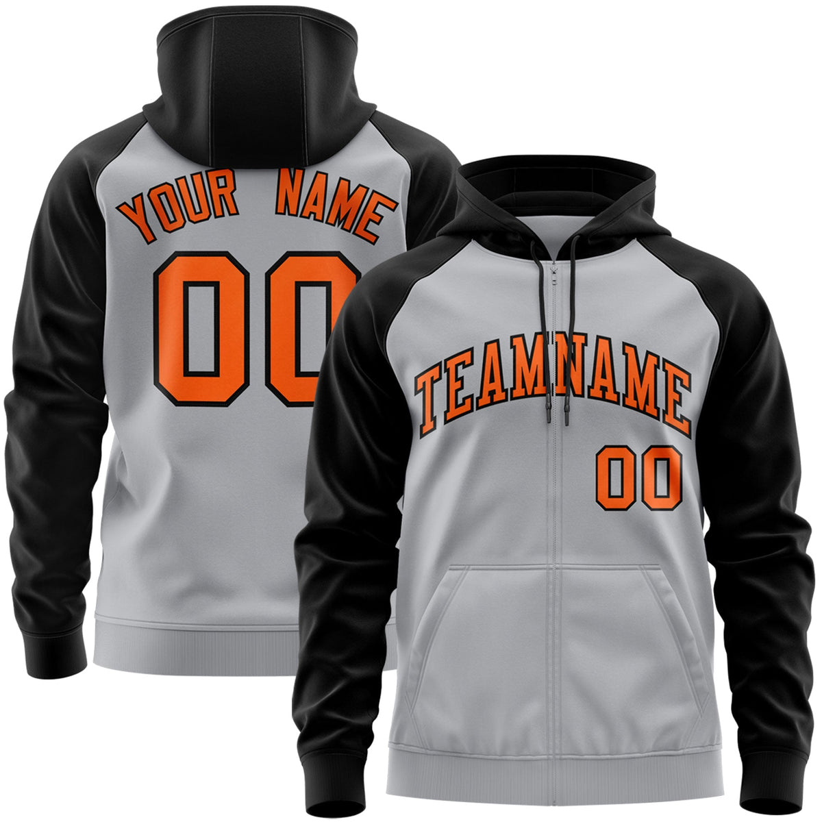 Custom Stitched Gray Orange-Black Raglan Sleeves Sports Full-Zip Sweatshirt Hoodie| KXKSHOP