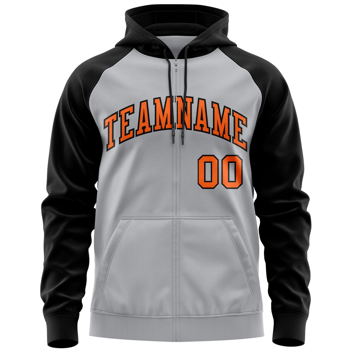 Custom Stitched Gray Orange-Black Raglan Sleeves Sports Full-Zip Sweatshirt Hoodie| KXKSHOP