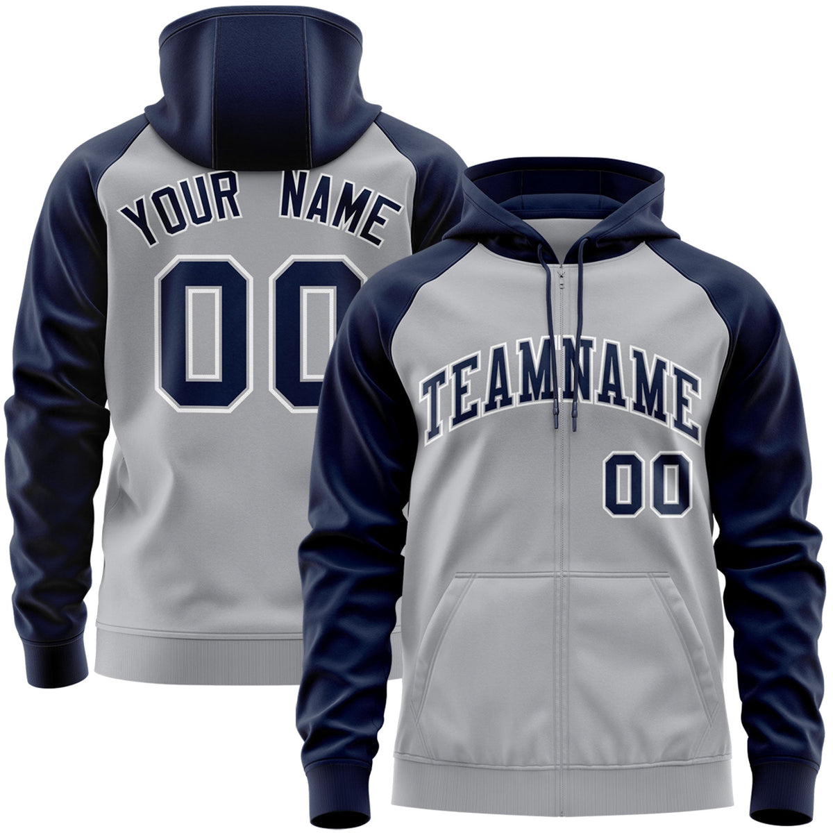 Custom Stitched Gray Navy-White Raglan Sleeves Sports Full-Zip Sweatshirt Hoodie| KXKSHOP