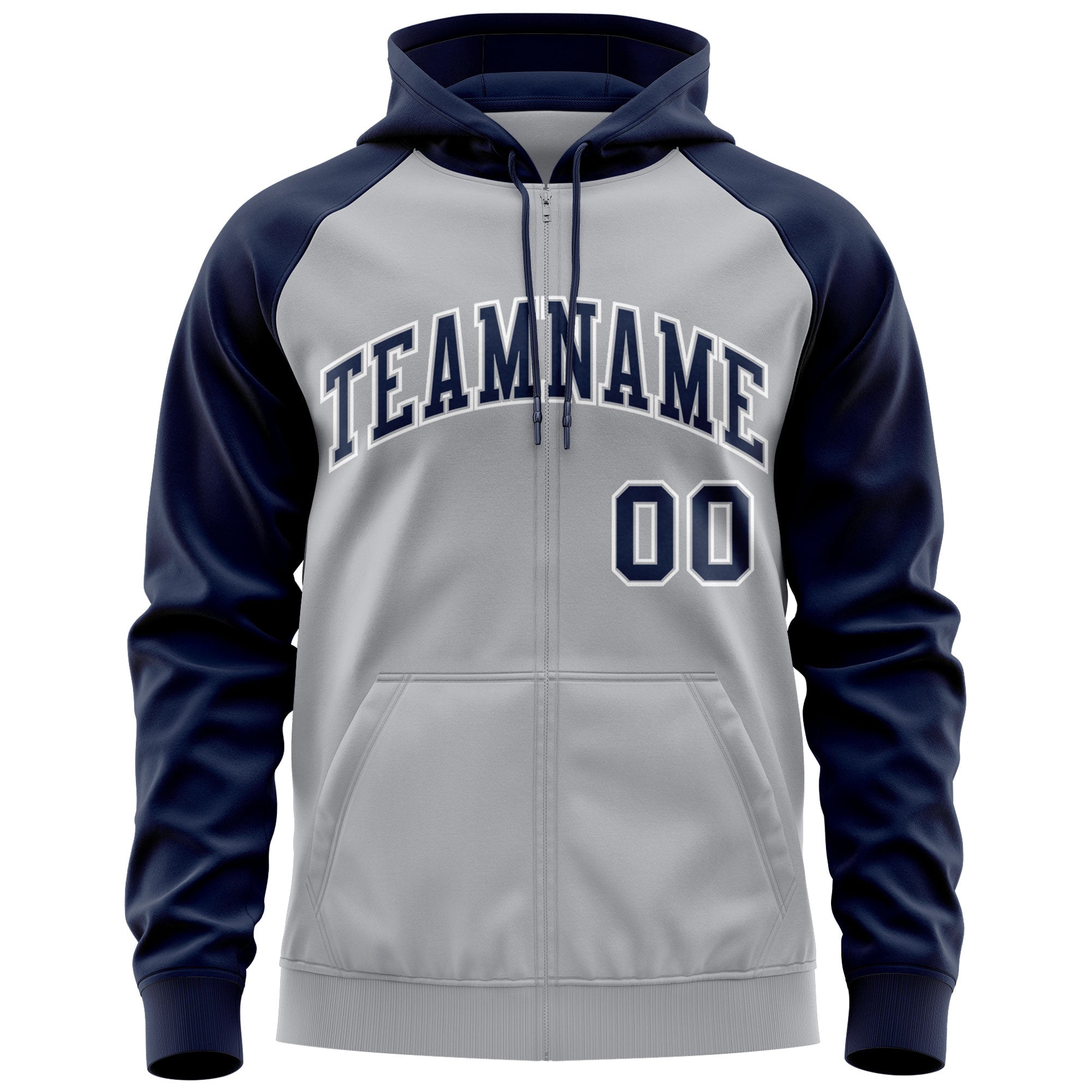 Custom Stitched Gray Navy-White Raglan Sleeves Sports Full-Zip Sweatshirt Hoodie| KXKSHOP