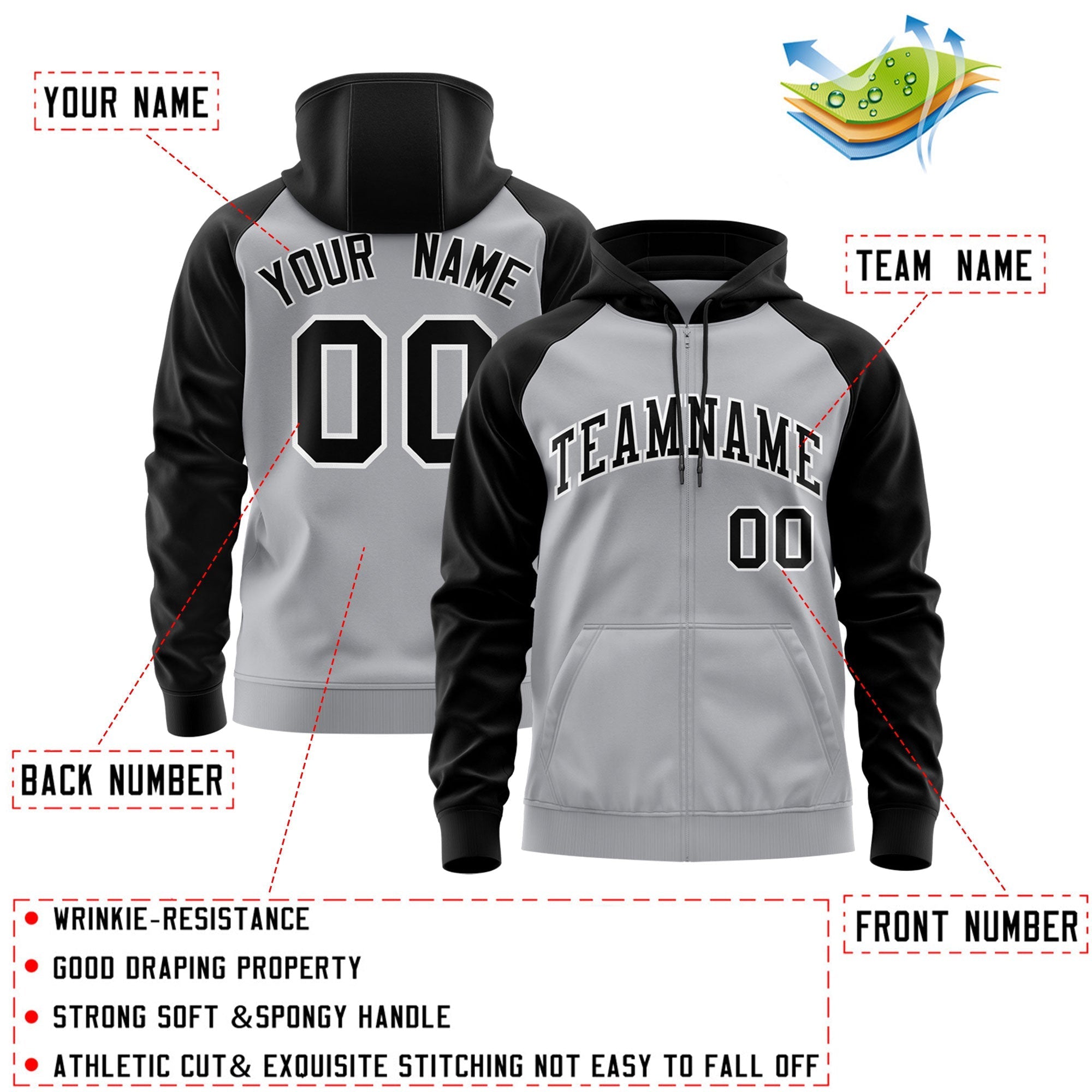 Custom Stitched Gray Black-White Raglan Sleeves Sports Full-Zip Sweatshirt Hoodie| KXKSHOP
