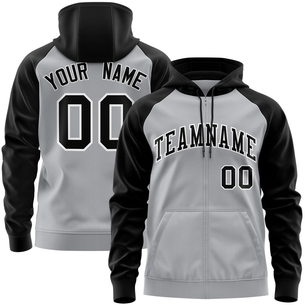 Custom Stitched Gray Black-White Raglan Sleeves Sports Full-Zip Sweatshirt Hoodie| KXKSHOP