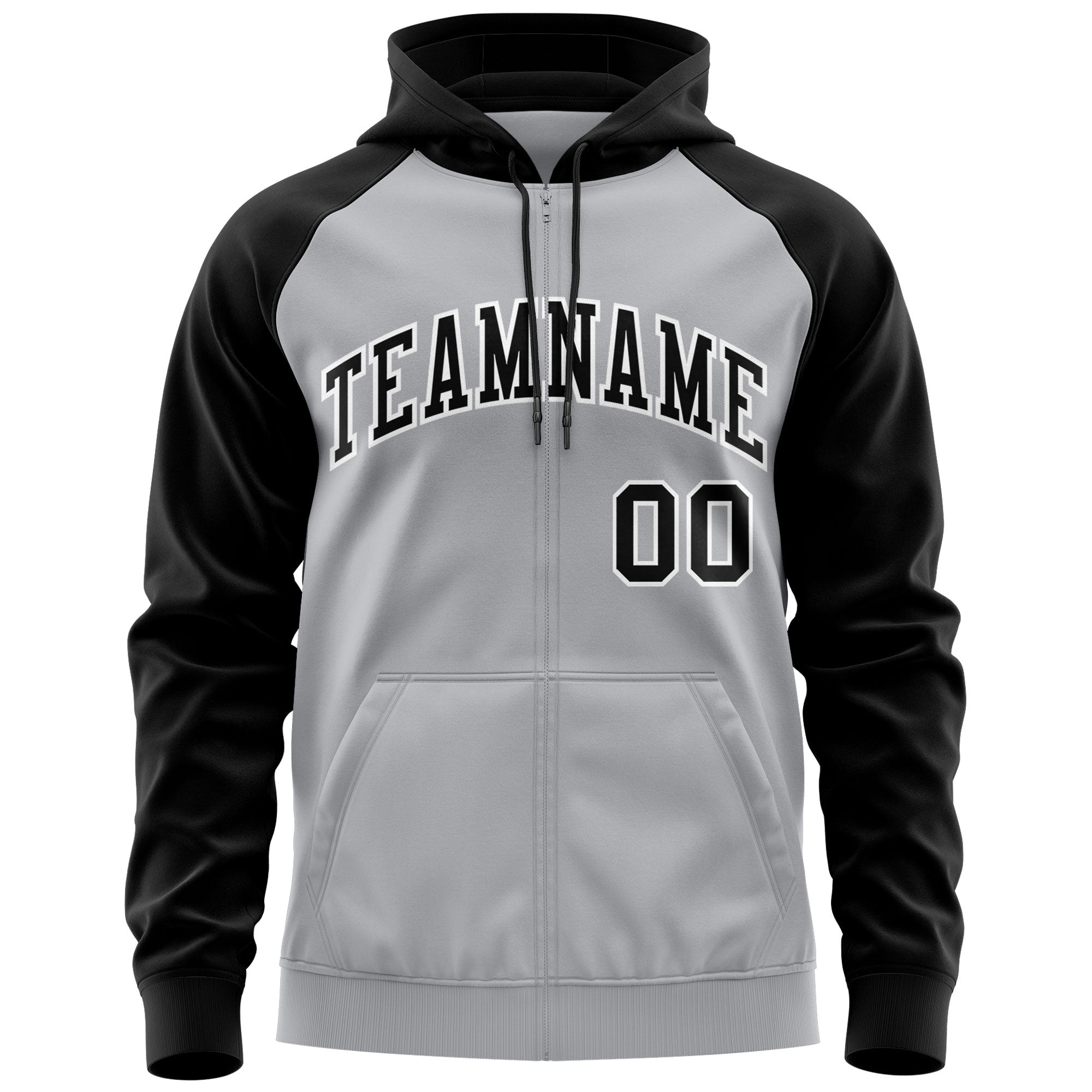 Custom Stitched Gray Black-White Raglan Sleeves Sports Full-Zip Sweatshirt Hoodie| KXKSHOP