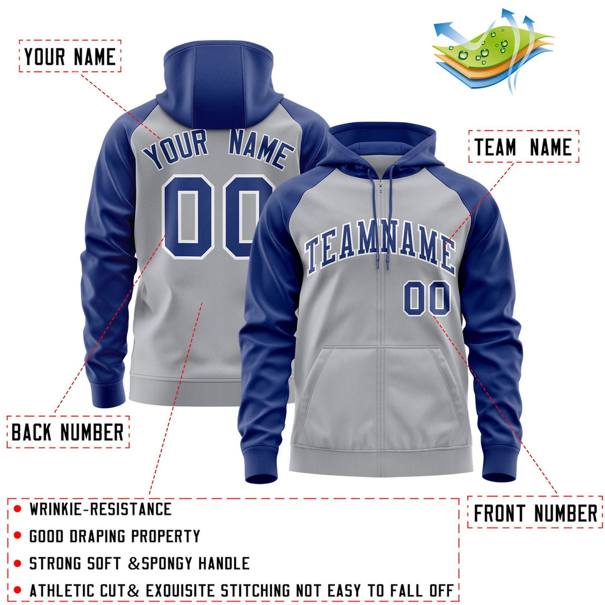 Custom Stitched Gray Royal-White Raglan Sleeves Sports Full-Zip Sweatshirt Hoodie| KXKSHOP