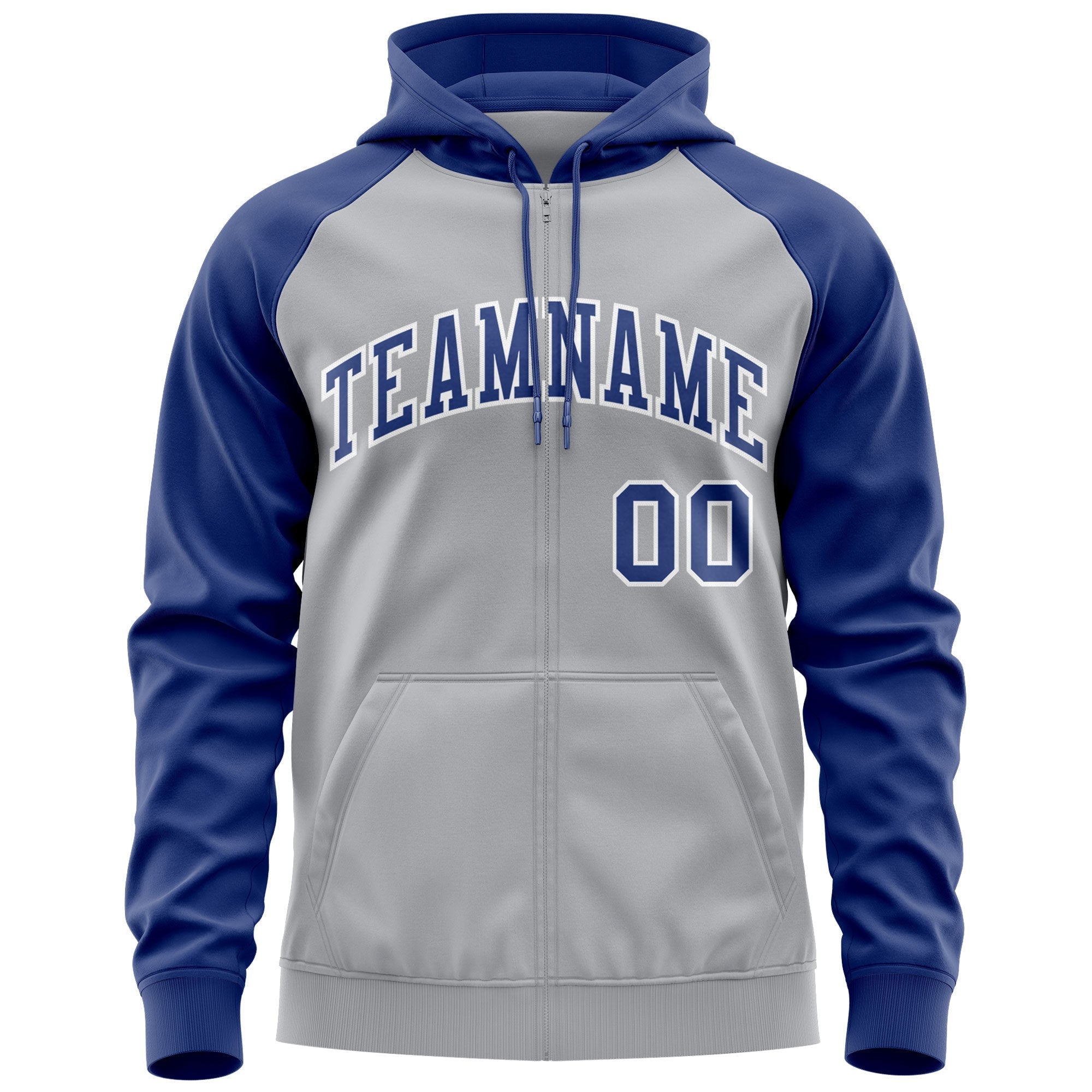 Custom Stitched Gray Royal-White Raglan Sleeves Sports Full-Zip Sweatshirt Hoodie| KXKSHOP