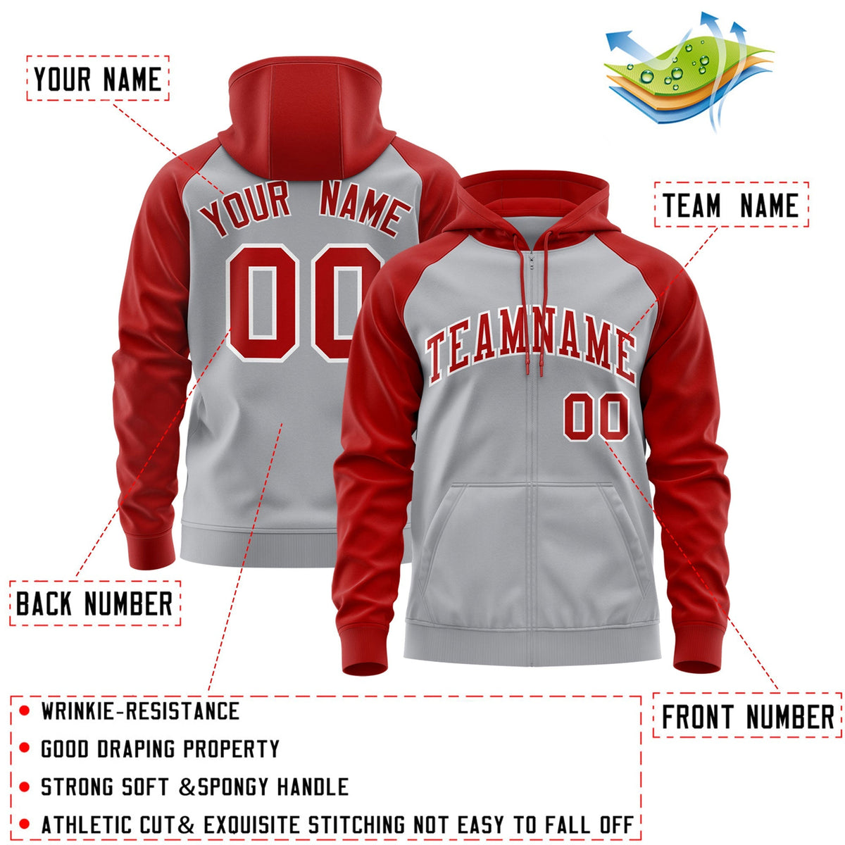 Custom Stitched Gray Red-White Raglan Sleeves Sports Full-Zip Sweatshirt Hoodie| KXKSHOP