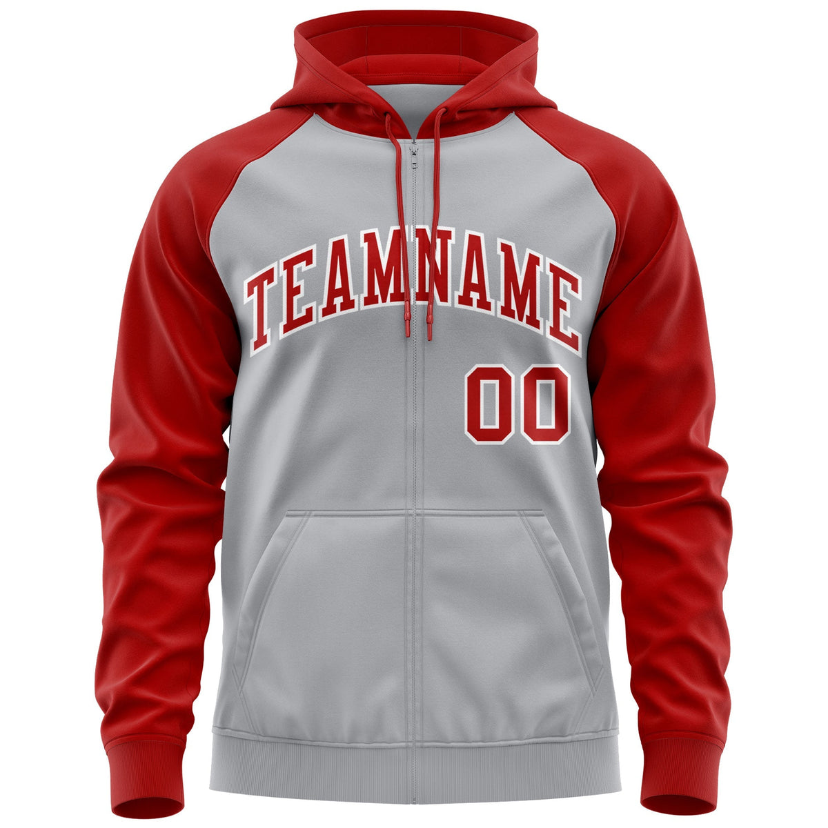 Custom Stitched Gray Red-White Raglan Sleeves Sports Full-Zip Sweatshirt Hoodie| KXKSHOP