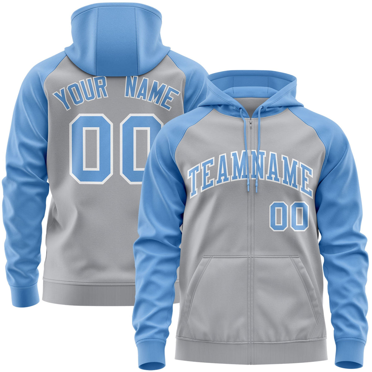Custom Stitched Gray Powder Blue-White Raglan Sleeves Sports Full-Zip Sweatshirt Hoodie| KXKSHOP