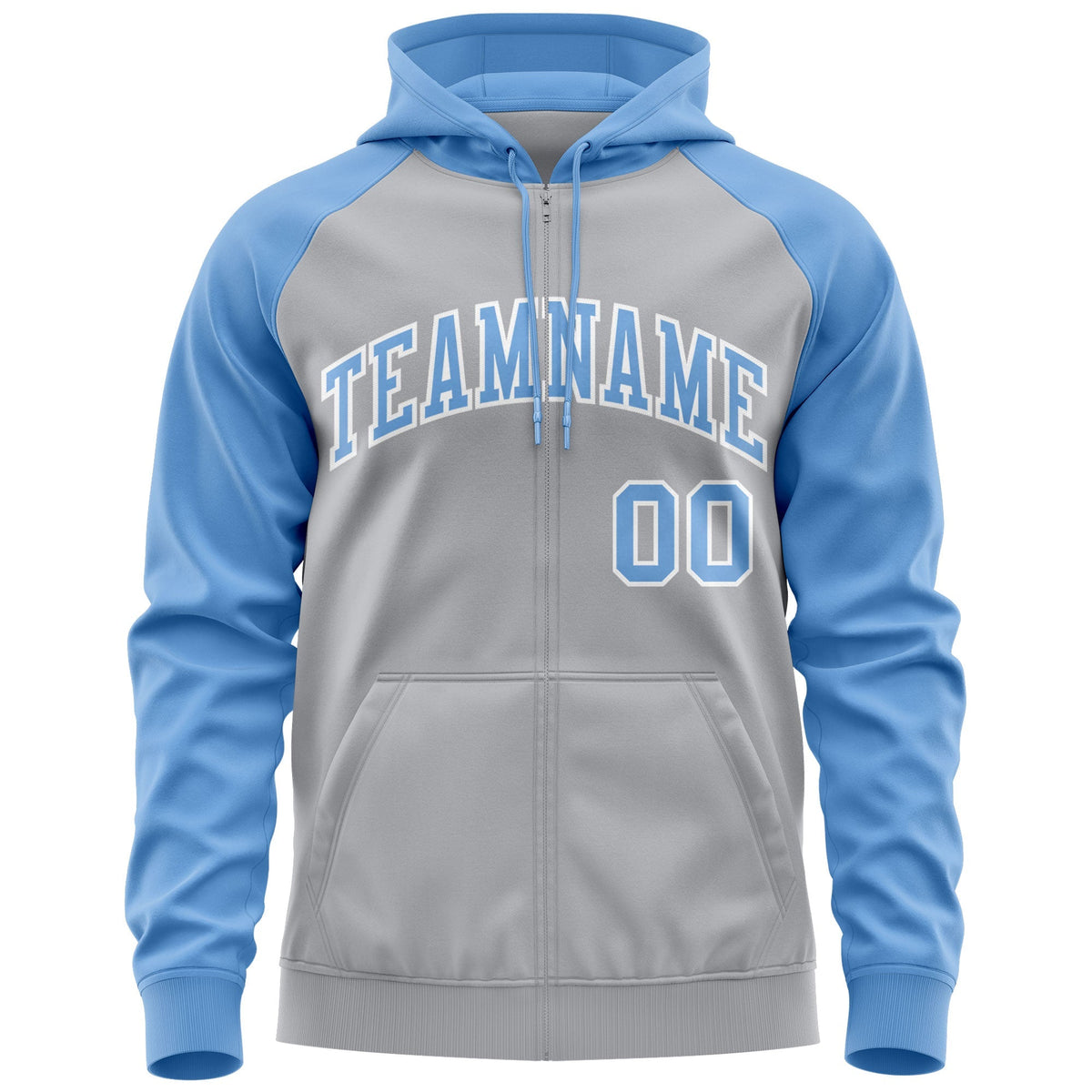 Custom Stitched Gray Powder Blue-White Raglan Sleeves Sports Full-Zip Sweatshirt Hoodie| KXKSHOP