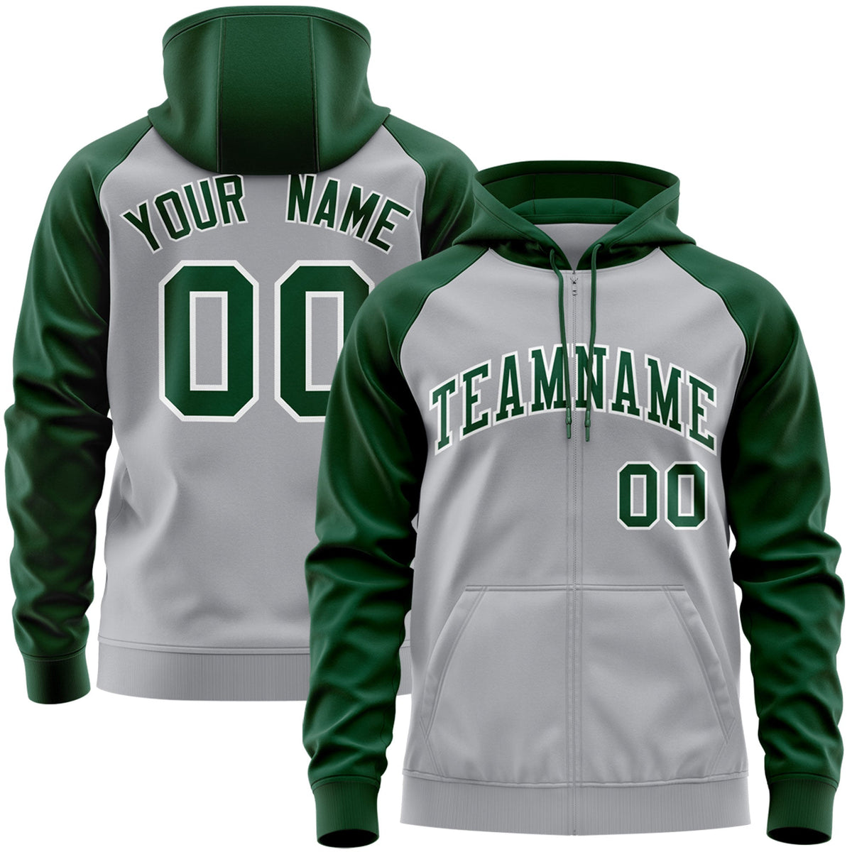 Custom Stitched Gray Green-White Raglan Sleeves Sports Full-Zip Sweatshirt Hoodie| KXKSHOP