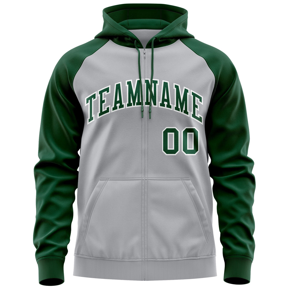 Custom Stitched Gray Green-White Raglan Sleeves Sports Full-Zip Sweatshirt Hoodie| KXKSHOP