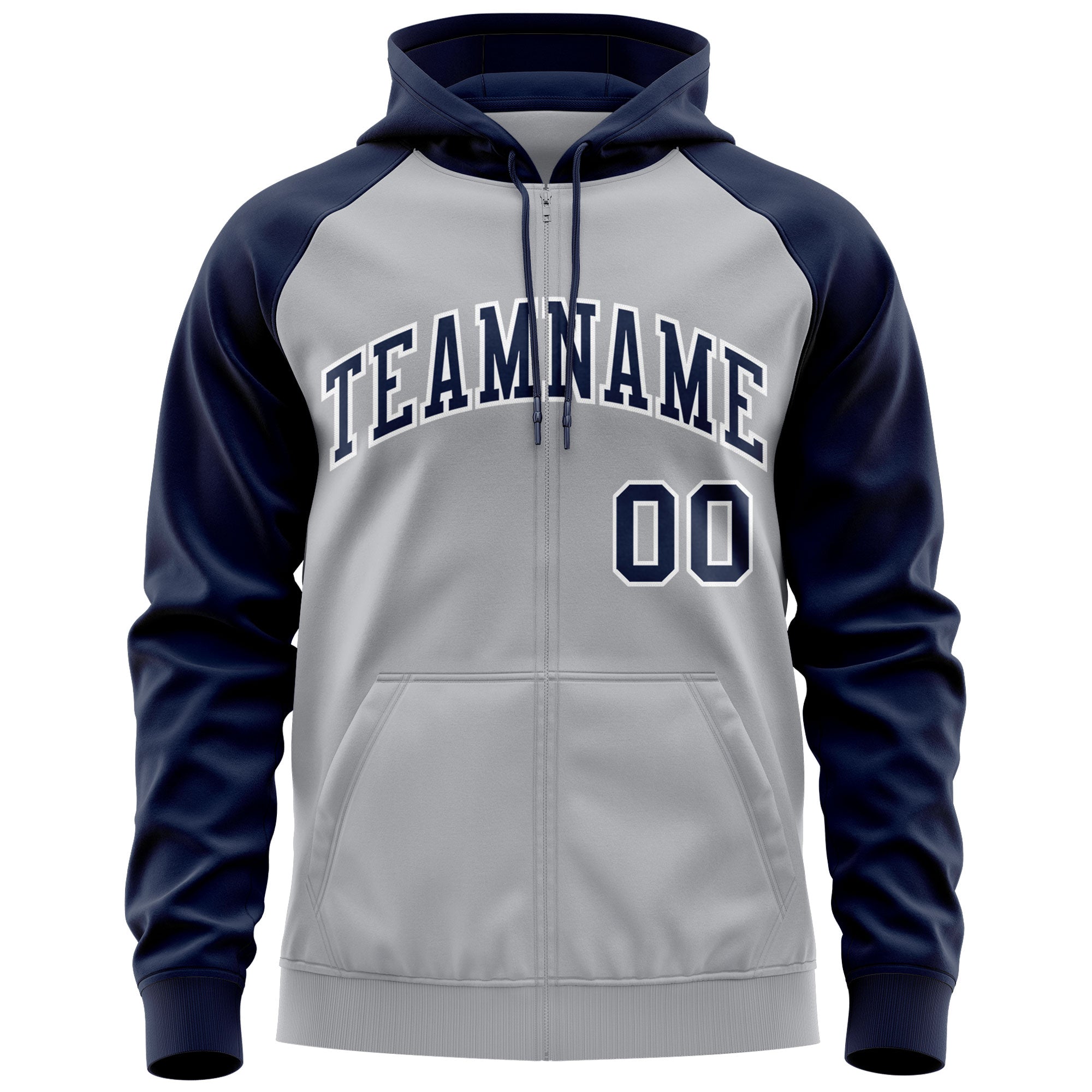 Custom Stitched Gray Navy-White Raglan Sleeves Sports Full-Zip Sweatshirt Hoodie| KXKSHOP