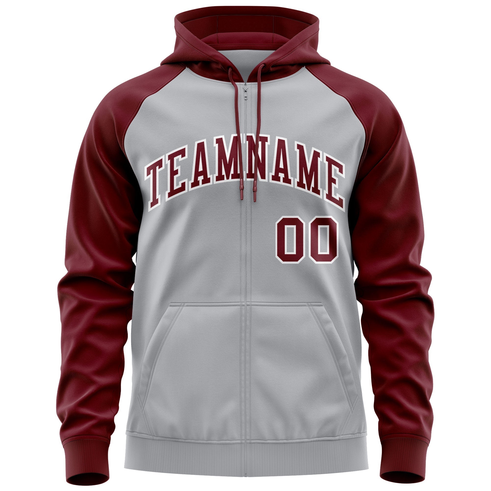 Custom Stitched Gray Crimson-White Raglan Sleeves Sports Full-Zip Sweatshirt Hoodie| KXKSHOP