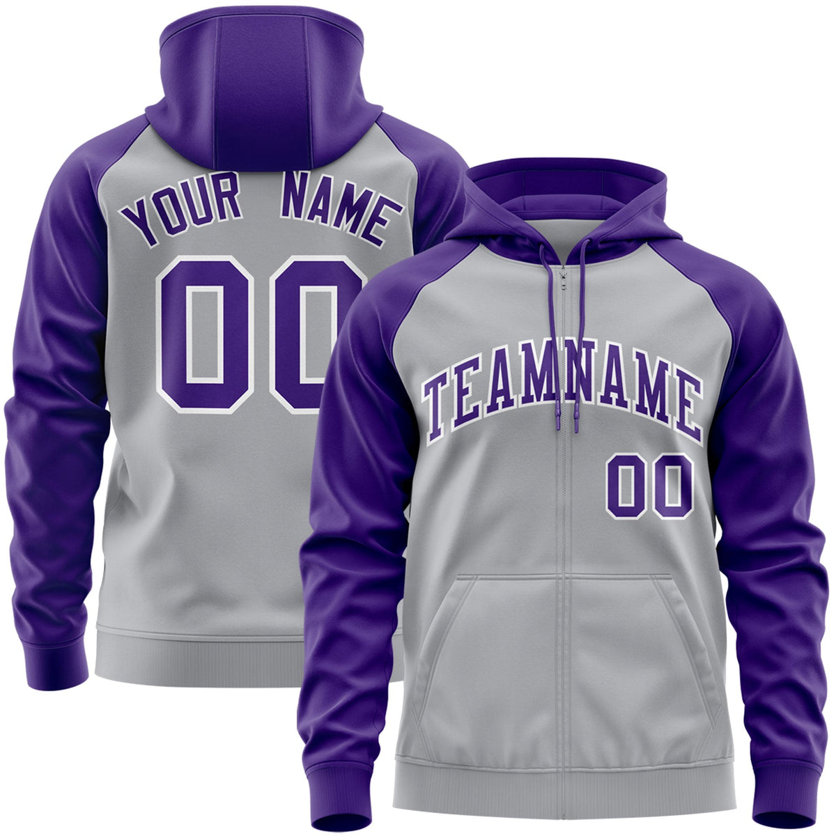 Custom Stitched Gray Purple-White Raglan Sleeves Sports Full-Zip Sweatshirt Hoodie| KXKSHOP