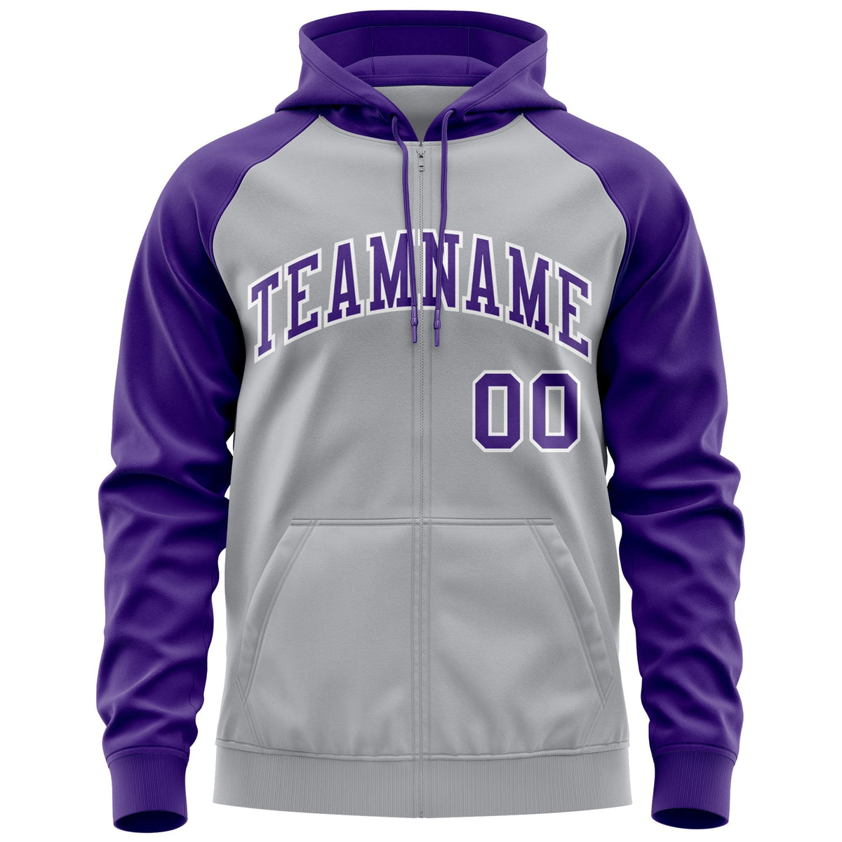 Custom Stitched Gray Purple-White Raglan Sleeves Sports Full-Zip Sweatshirt Hoodie| KXKSHOP