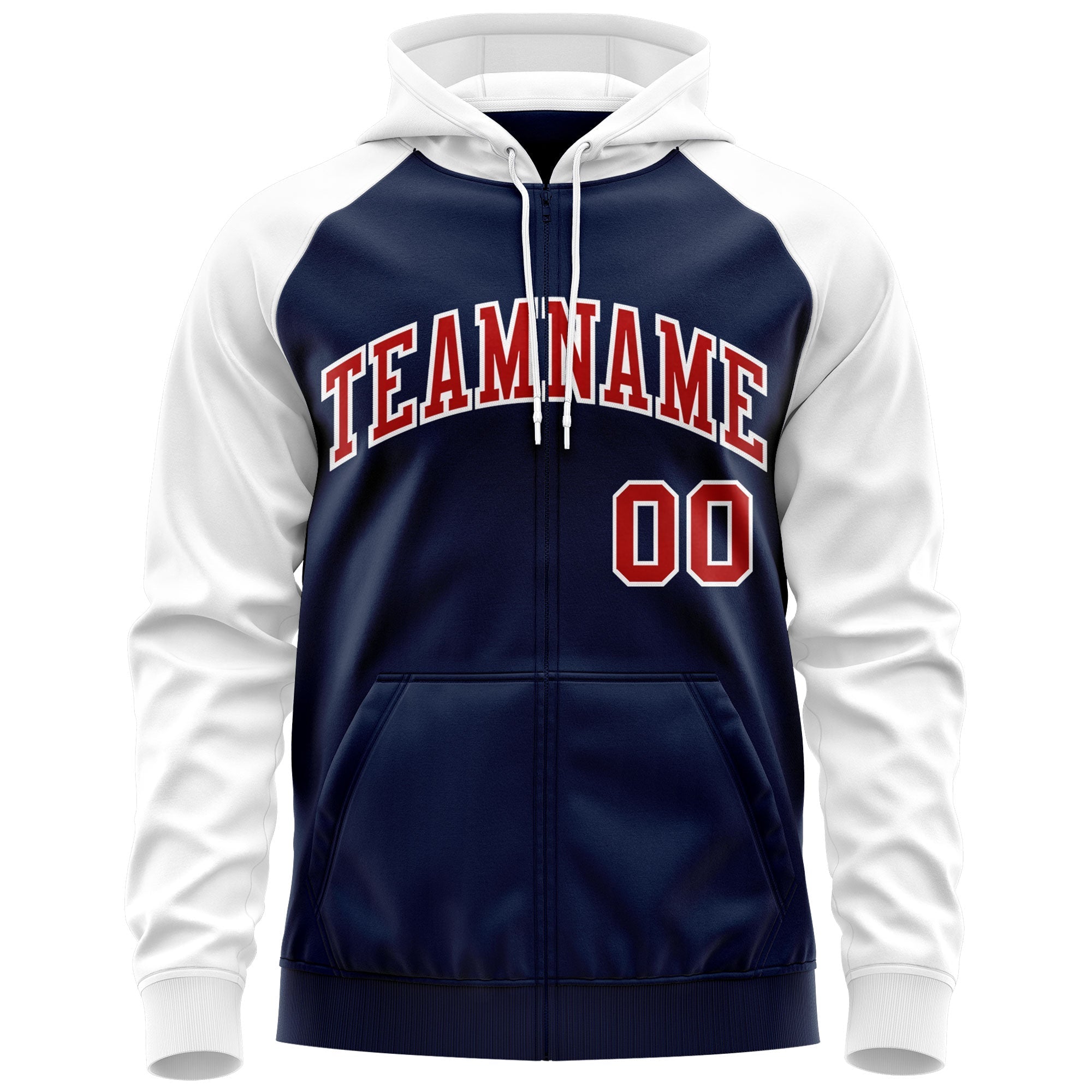 Custom Stitched Navy Red-White Raglan Sleeves Sports Full-Zip Sweatshirt Hoodie| KXKSHOP