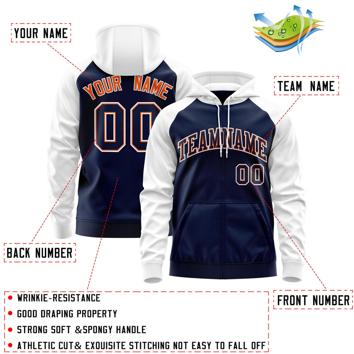 Custom Stitched Navy Orange-White Raglan Sleeves Sports Full-Zip Sweatshirt Hoodie| KXKSHOP