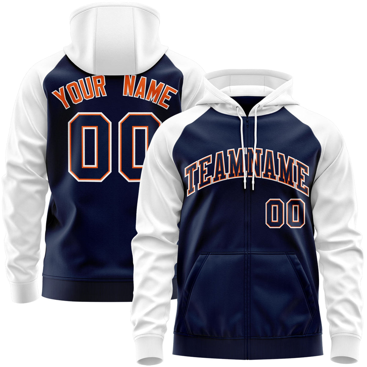 Custom Stitched Navy Orange-White Raglan Sleeves Sports Full-Zip Sweatshirt Hoodie| KXKSHOP
